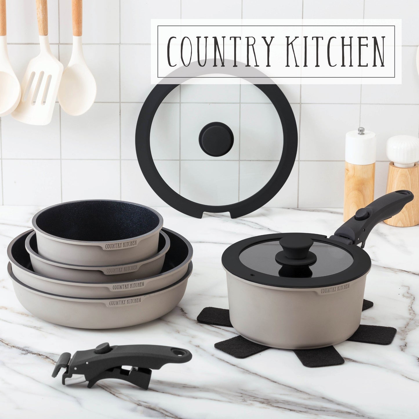Service de cuisine Country Kitchen 16 pièces pour camping-car, céramique, avec poignées amovibles, compatible avec le four.