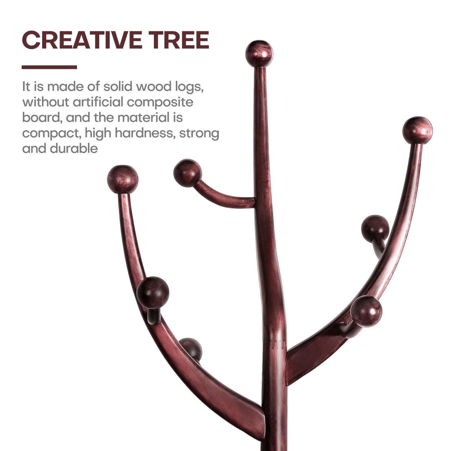 Porte-manteau sur pied en bois de caoutchouc en forme de branche d'arbre avec 8 crochets - 62,2 cm (l) x 179,5 cm (h)