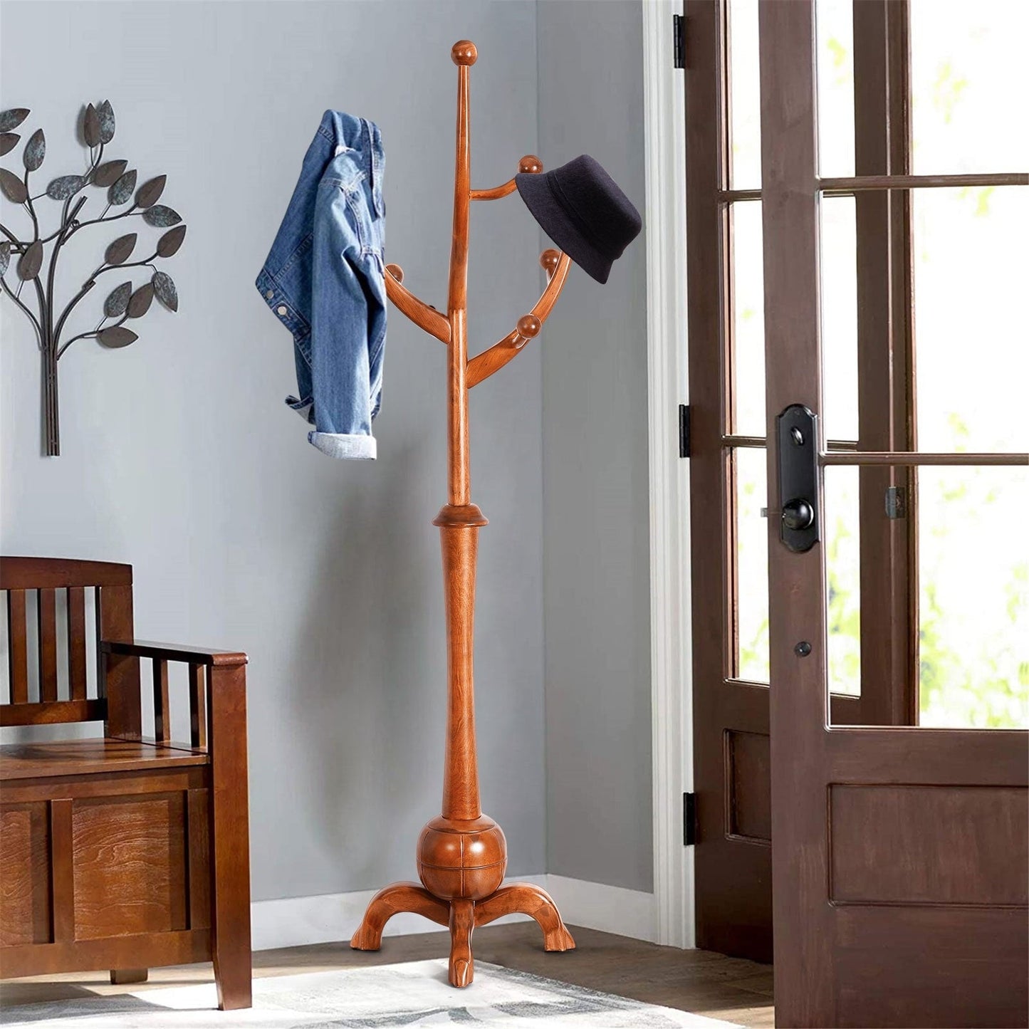 Porte-manteau sur pied en bois de caoutchouc en forme de branche d'arbre avec 8 crochets - 62,2 cm (l) x 179,5 cm (h)