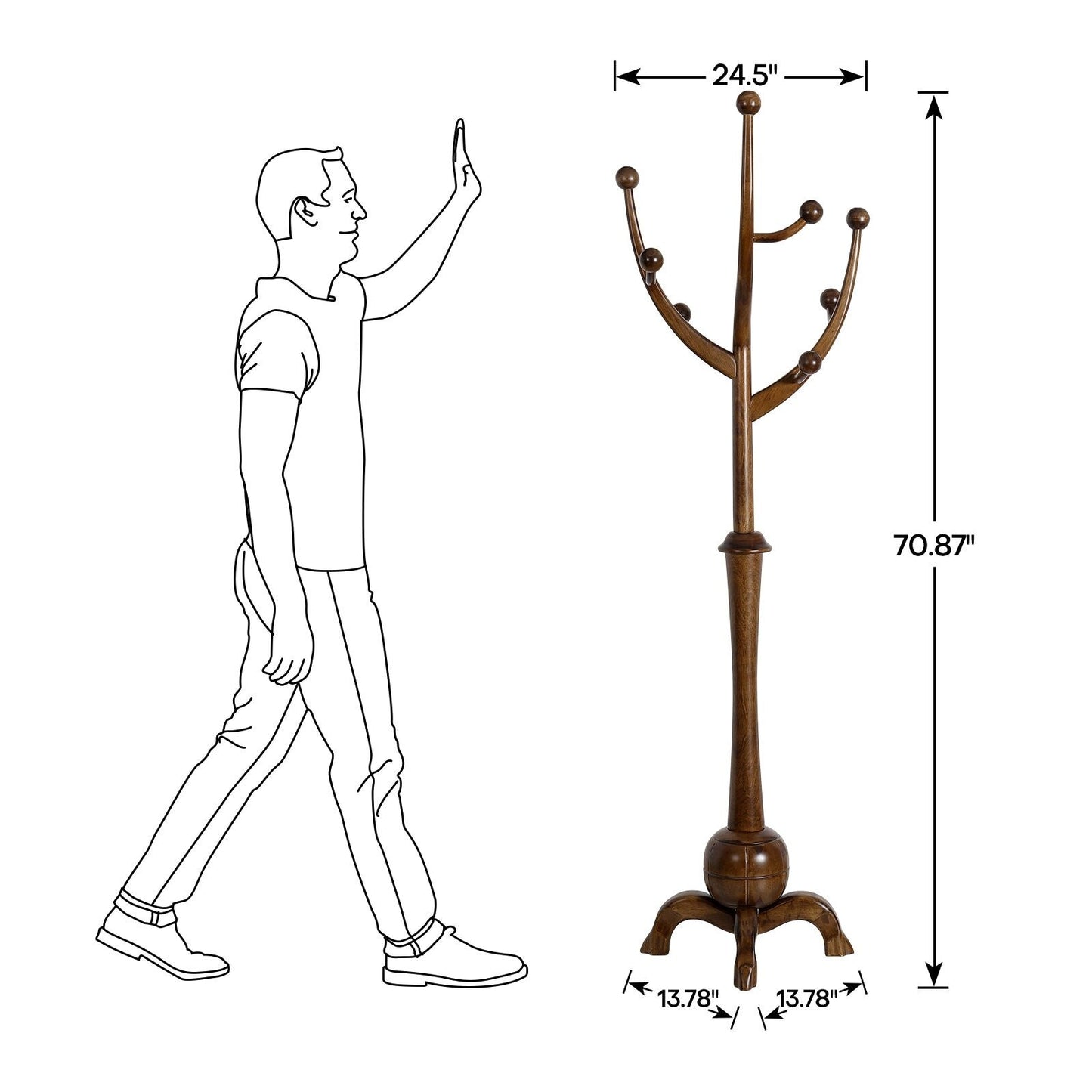 Porte-manteau sur pied en bois de caoutchouc en forme de branche d'arbre avec 8 crochets - 62,2 cm (l) x 179,5 cm (h)