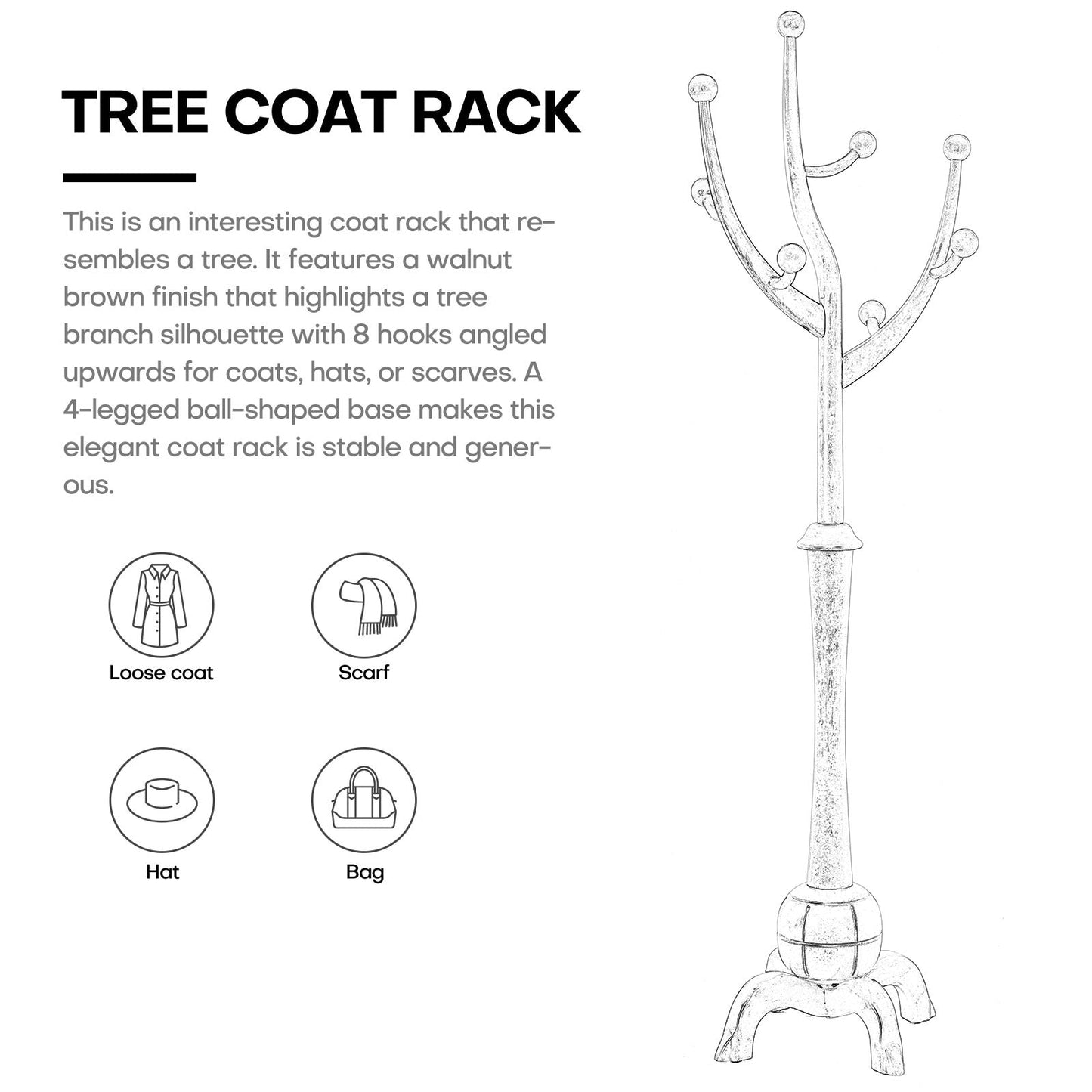 Porte-manteau sur pied en bois de caoutchouc en forme de branche d'arbre avec 8 crochets - 62,2 cm (l) x 179,5 cm (h)