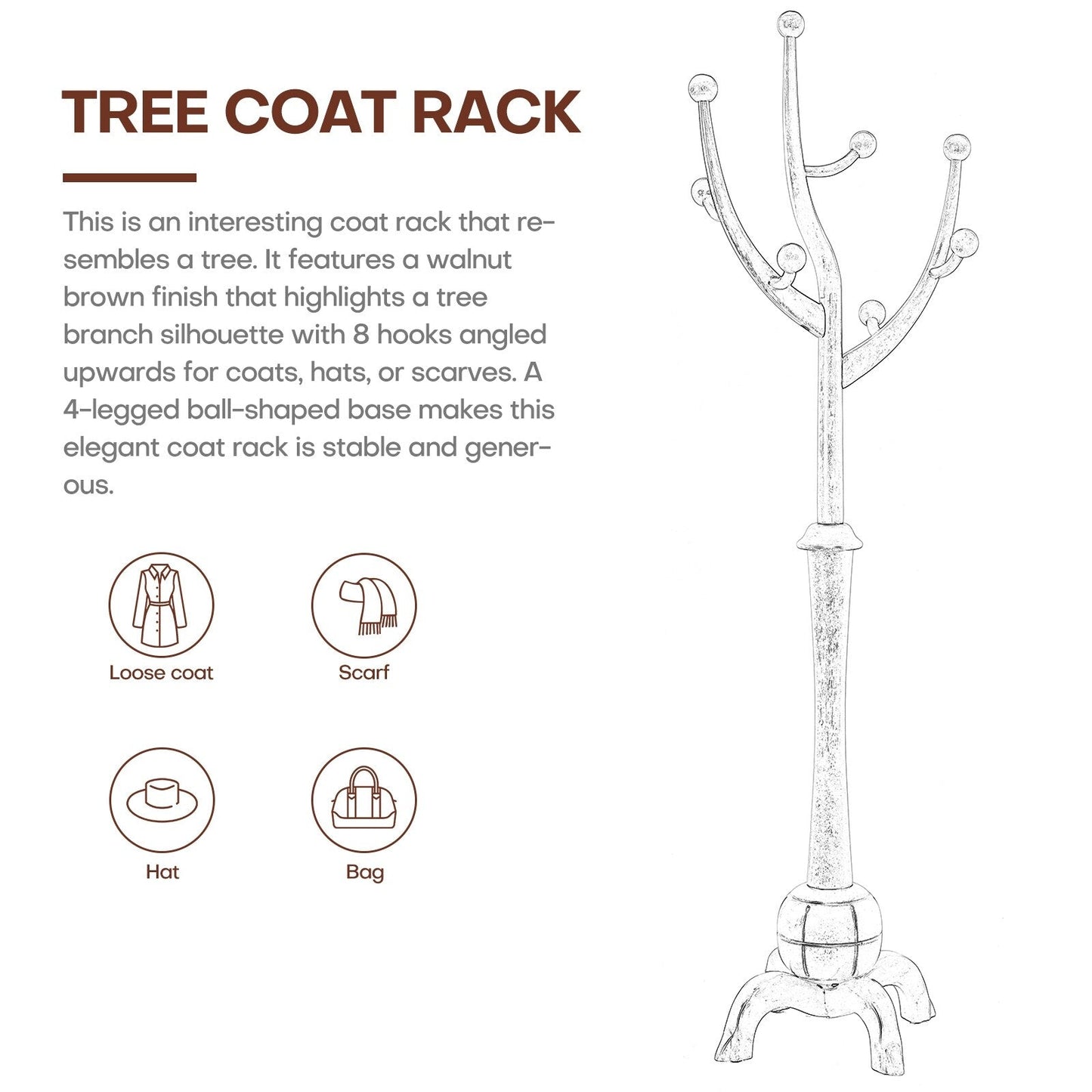 Porte-manteau sur pied en bois de caoutchouc en forme de branche d'arbre avec 8 crochets - 62,2 cm (l) x 179,5 cm (h)