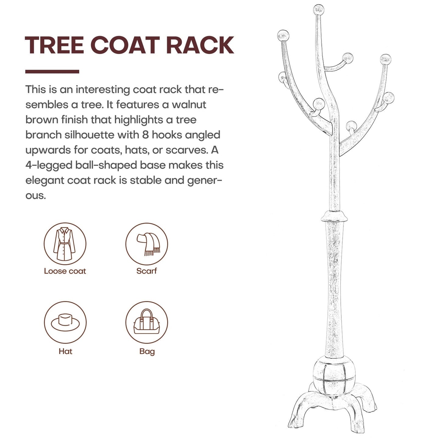 Porte-manteau sur pied en bois de caoutchouc en forme de branche d'arbre avec 8 crochets - 62,2 cm (l) x 179,5 cm (h)
