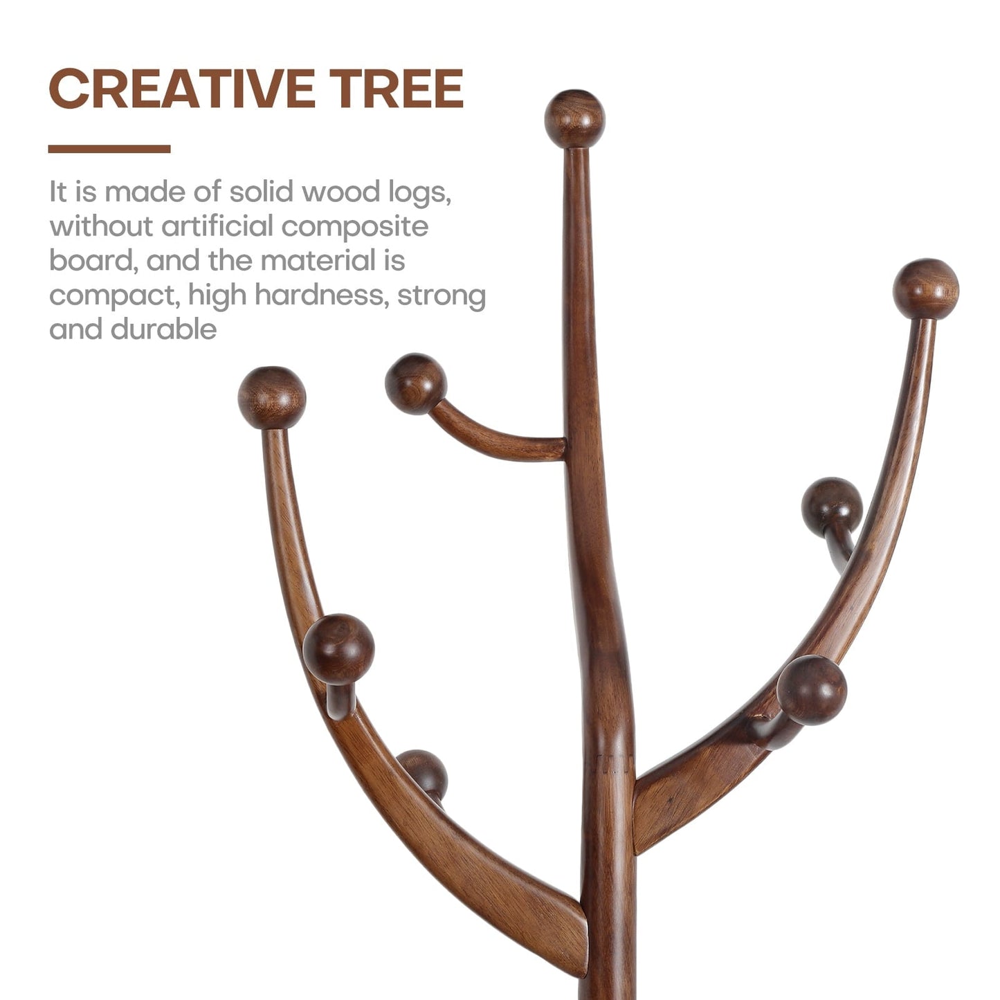 Porte-manteau sur pied en bois de caoutchouc en forme de branche d'arbre avec 8 crochets - 62,2 cm (l) x 179,5 cm (h)
