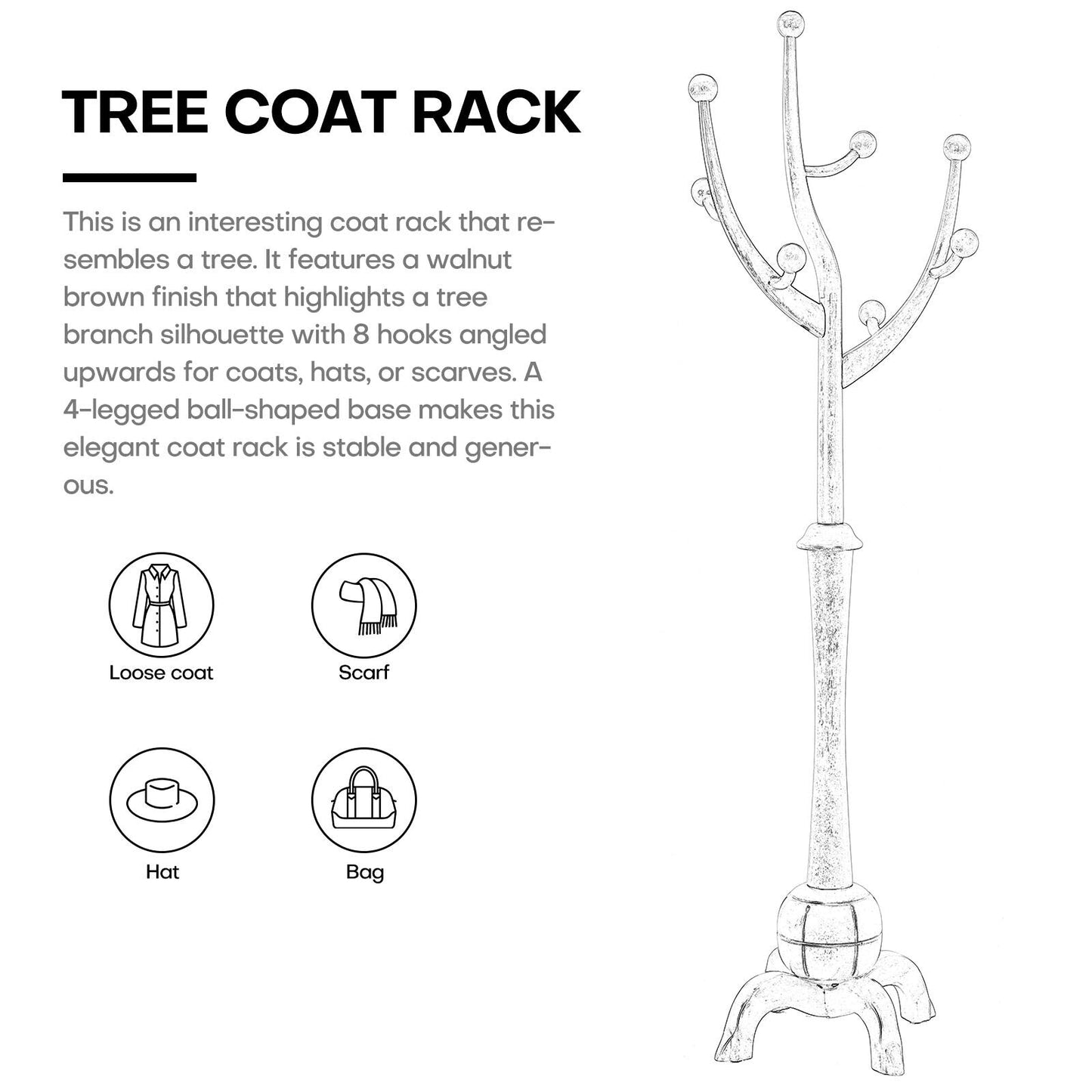 Porte-manteau sur pied en bois de caoutchouc en forme de branche d'arbre avec 8 crochets - 62,2 cm (l) x 179,5 cm (h)