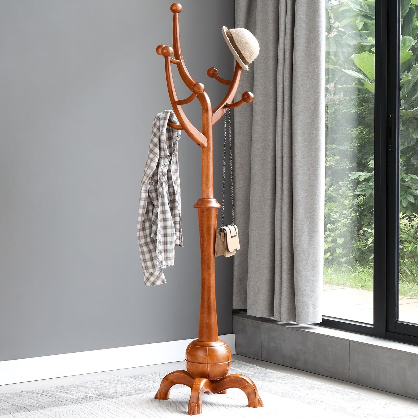 Porte-manteau sur pied en bois de caoutchouc en forme de branche d'arbre avec 8 crochets - 62,2 cm (l) x 179,5 cm (h)