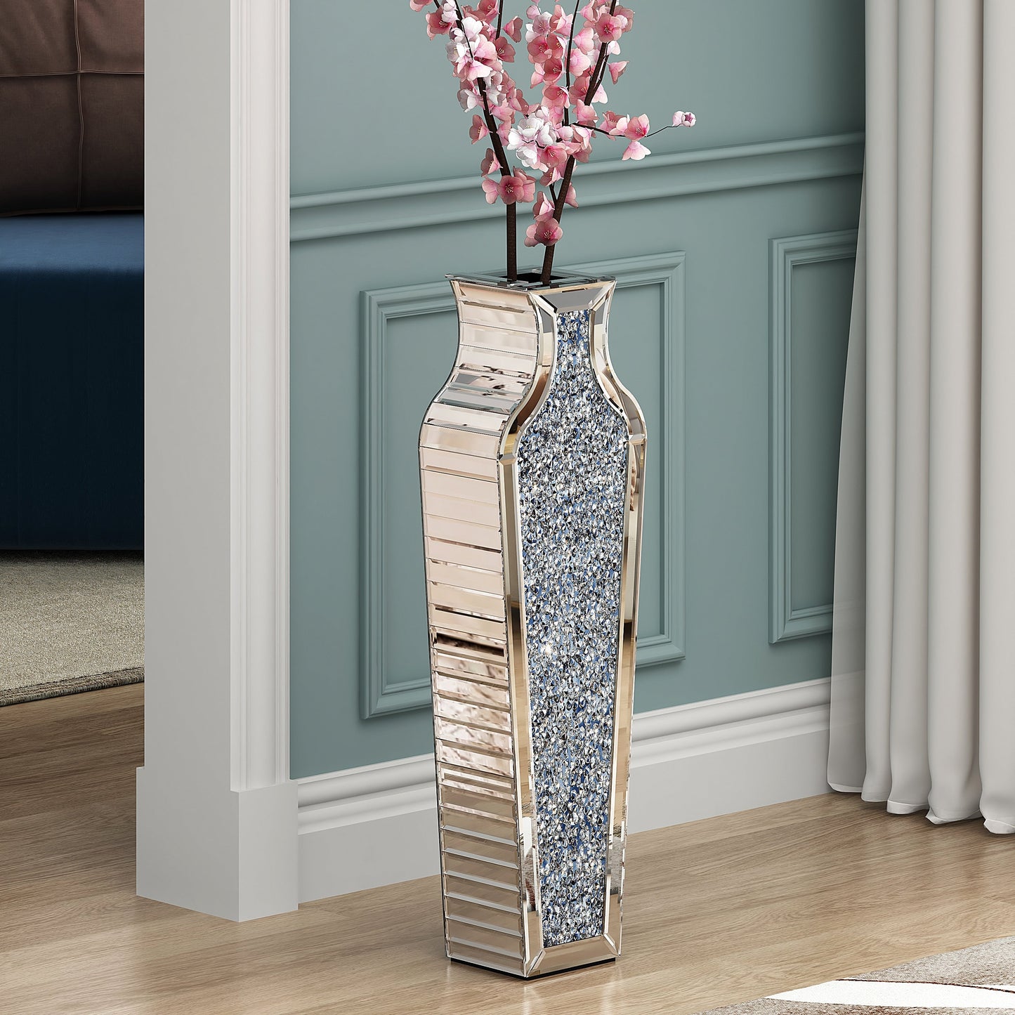Grand vase de sol en verre concassé et décoré de diamants
