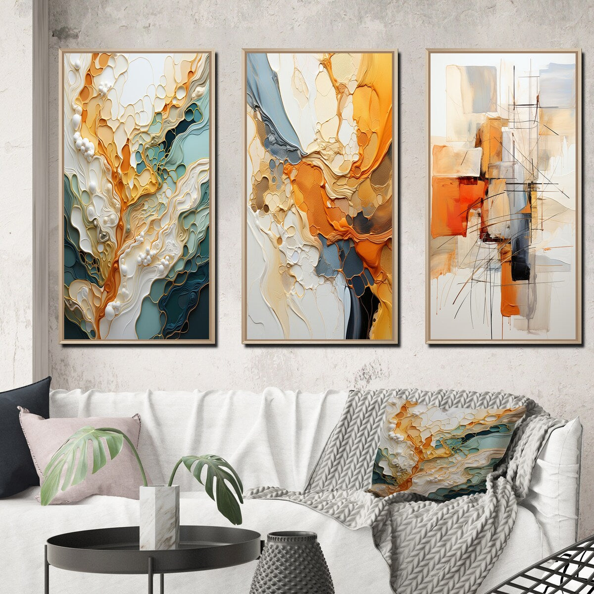 Designart Ensemble de 3 tableaux muraux encadrés représentant des lignes oranges et blanches, une abstraction organique, pour la décoration du salon.