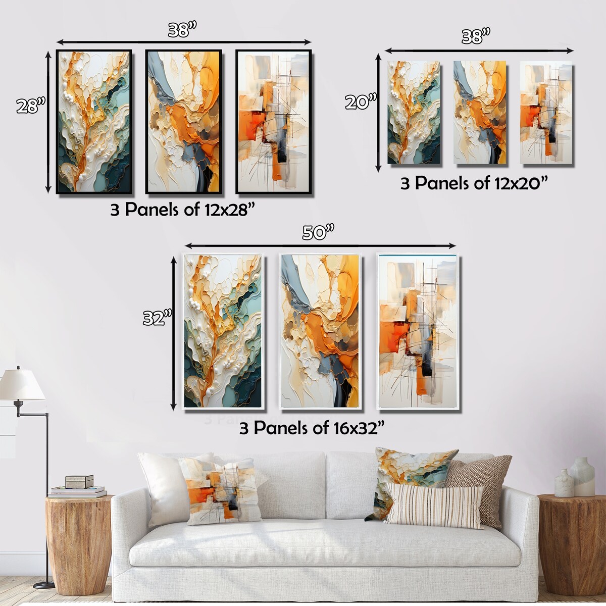 Designart Ensemble de 3 tableaux muraux encadrés représentant des lignes oranges et blanches, une abstraction organique, pour la décoration du salon.