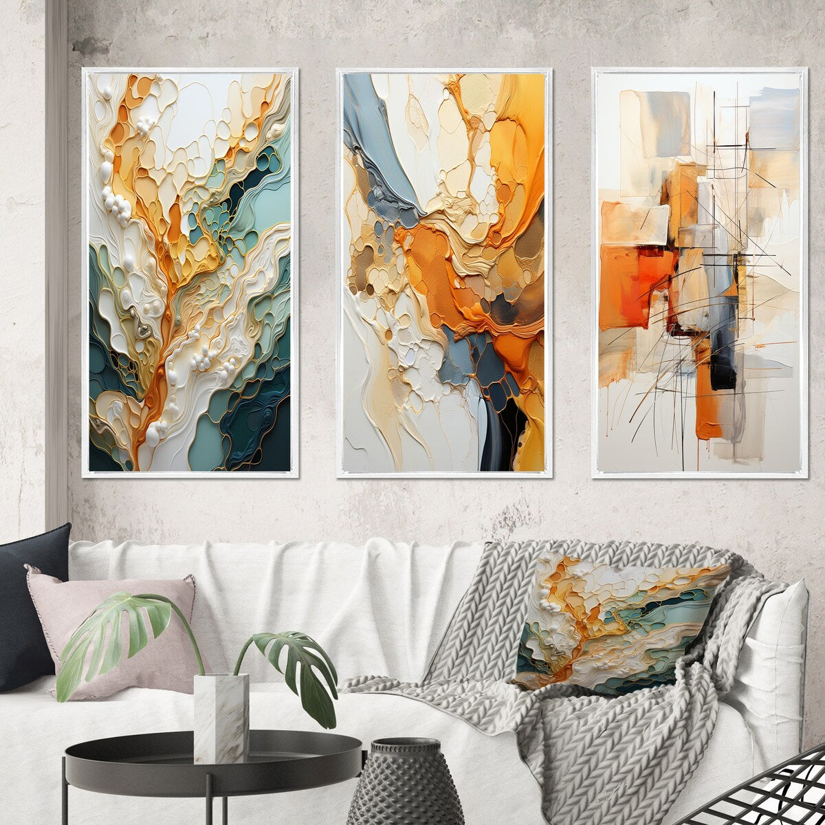 Designart Ensemble de 3 tableaux muraux encadrés représentant des lignes oranges et blanches, une abstraction organique, pour la décoration du salon.