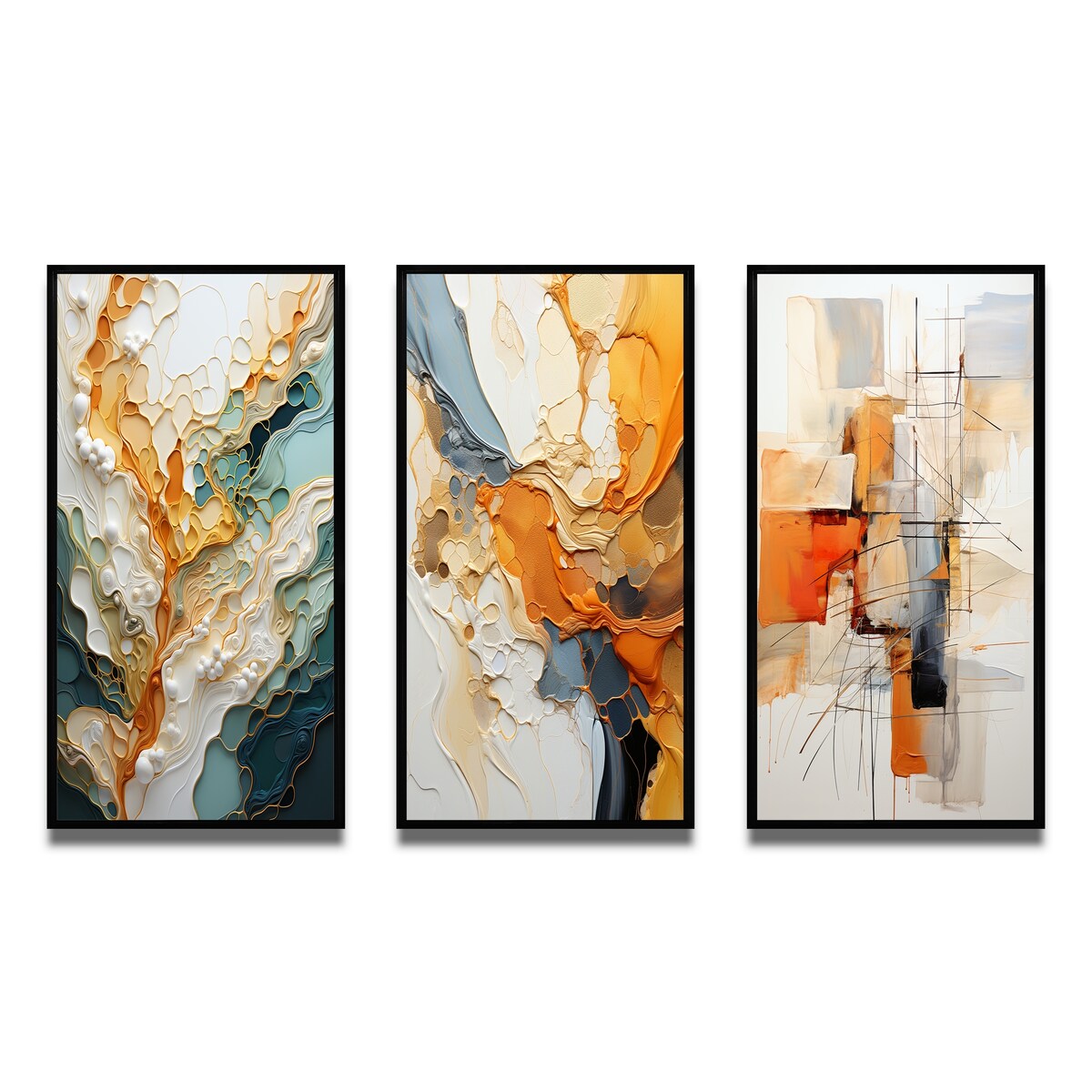 Designart Ensemble de 3 tableaux muraux encadrés représentant des lignes oranges et blanches, une abstraction organique, pour la décoration du salon.
