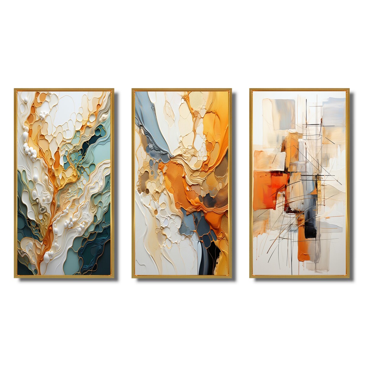 Designart Ensemble de 3 tableaux muraux encadrés représentant des lignes oranges et blanches, une abstraction organique, pour la décoration du salon.