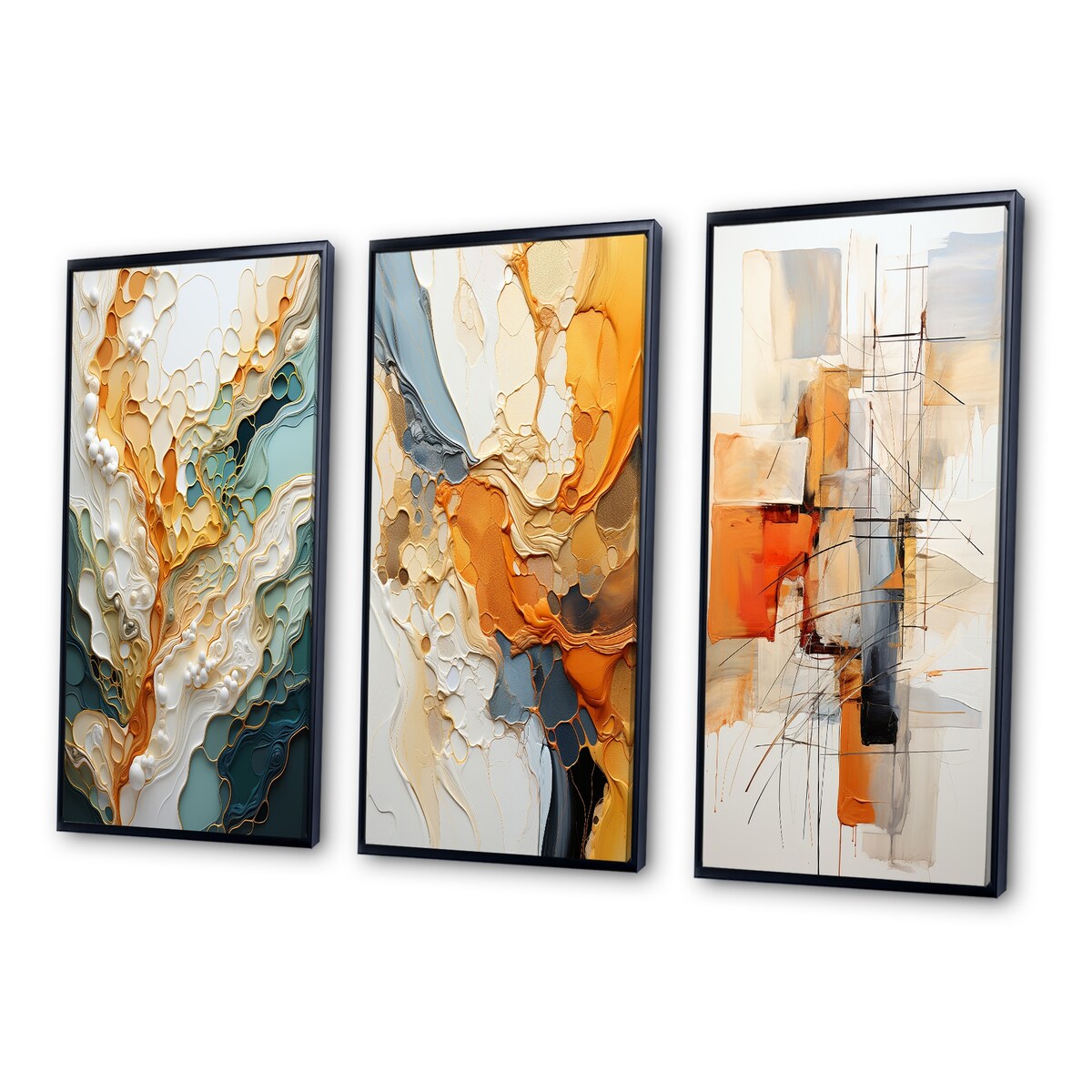 Designart Ensemble de 3 tableaux muraux encadrés représentant des lignes oranges et blanches, une abstraction organique, pour la décoration du salon.