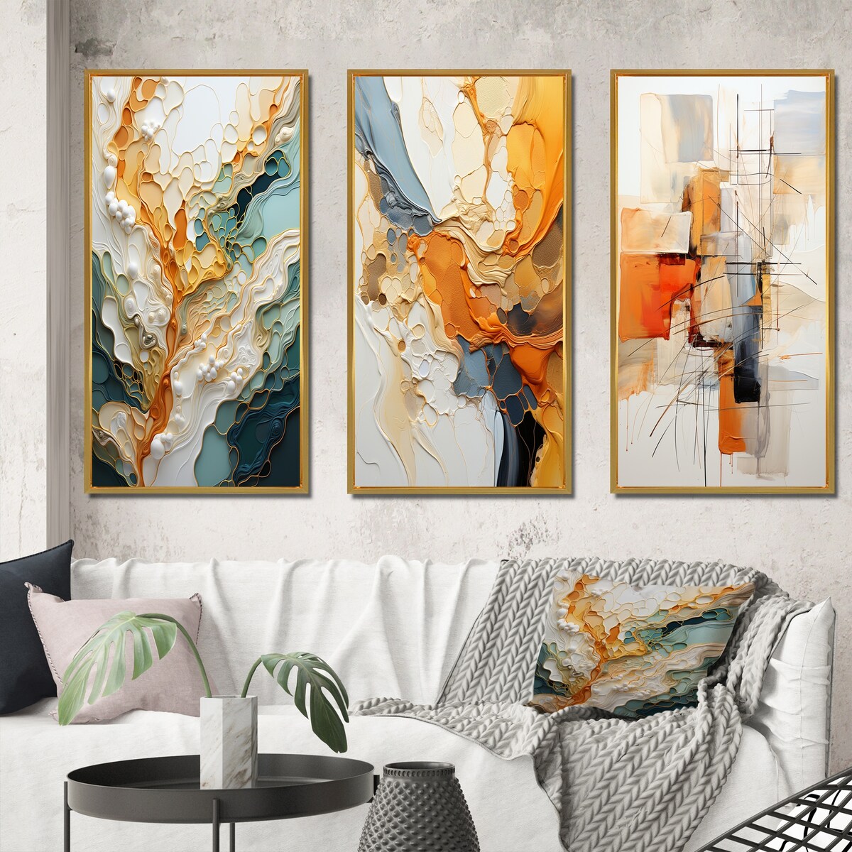 Designart Ensemble de 3 tableaux muraux encadrés représentant des lignes oranges et blanches, une abstraction organique, pour la décoration du salon.