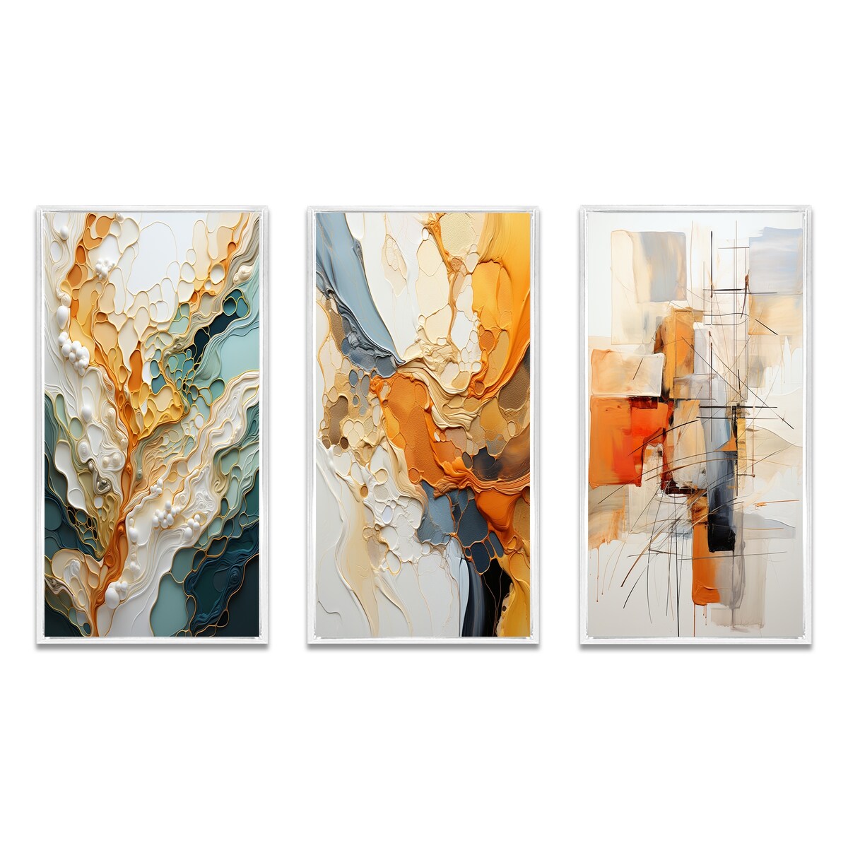 Designart Ensemble de 3 tableaux muraux encadrés représentant des lignes oranges et blanches, une abstraction organique, pour la décoration du salon.