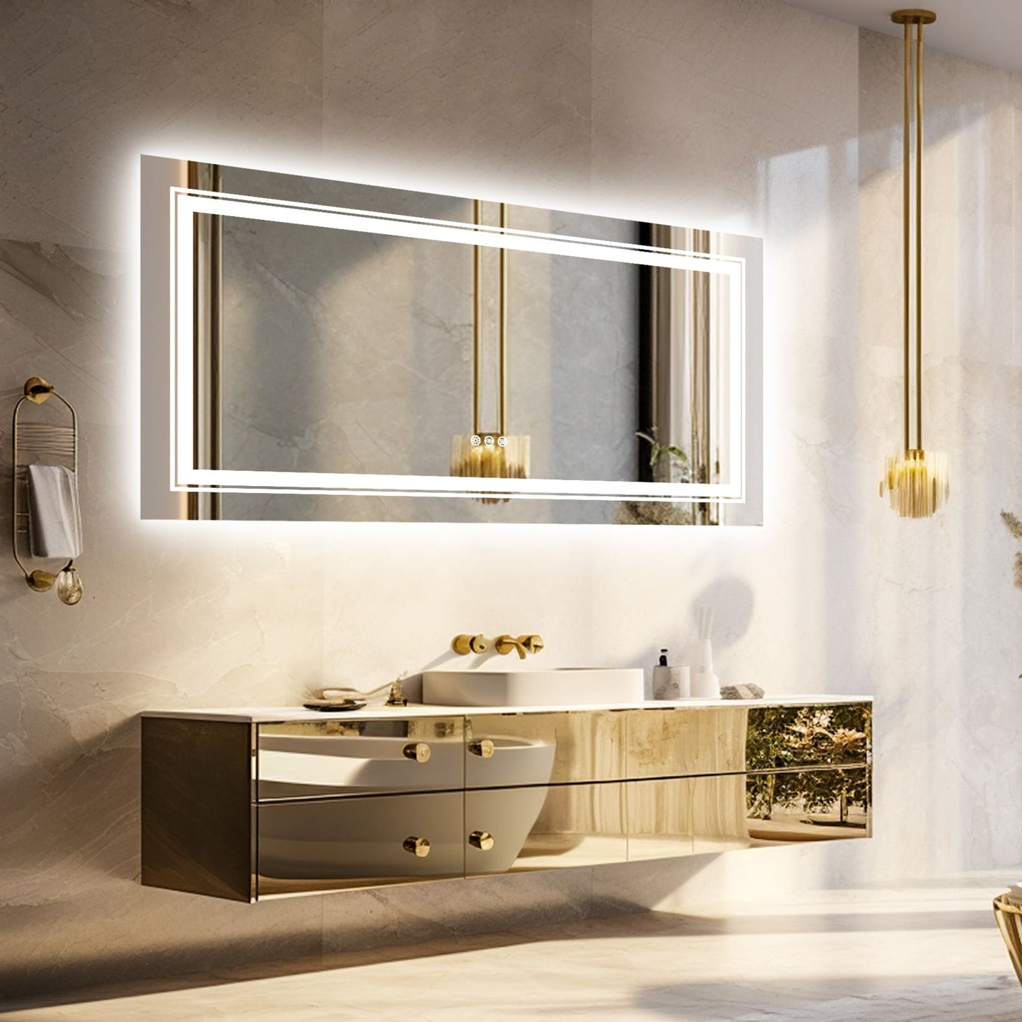 Grand miroir de salle de bain à éclairage LED, anti-buée, avec support mural, 3 couleurs