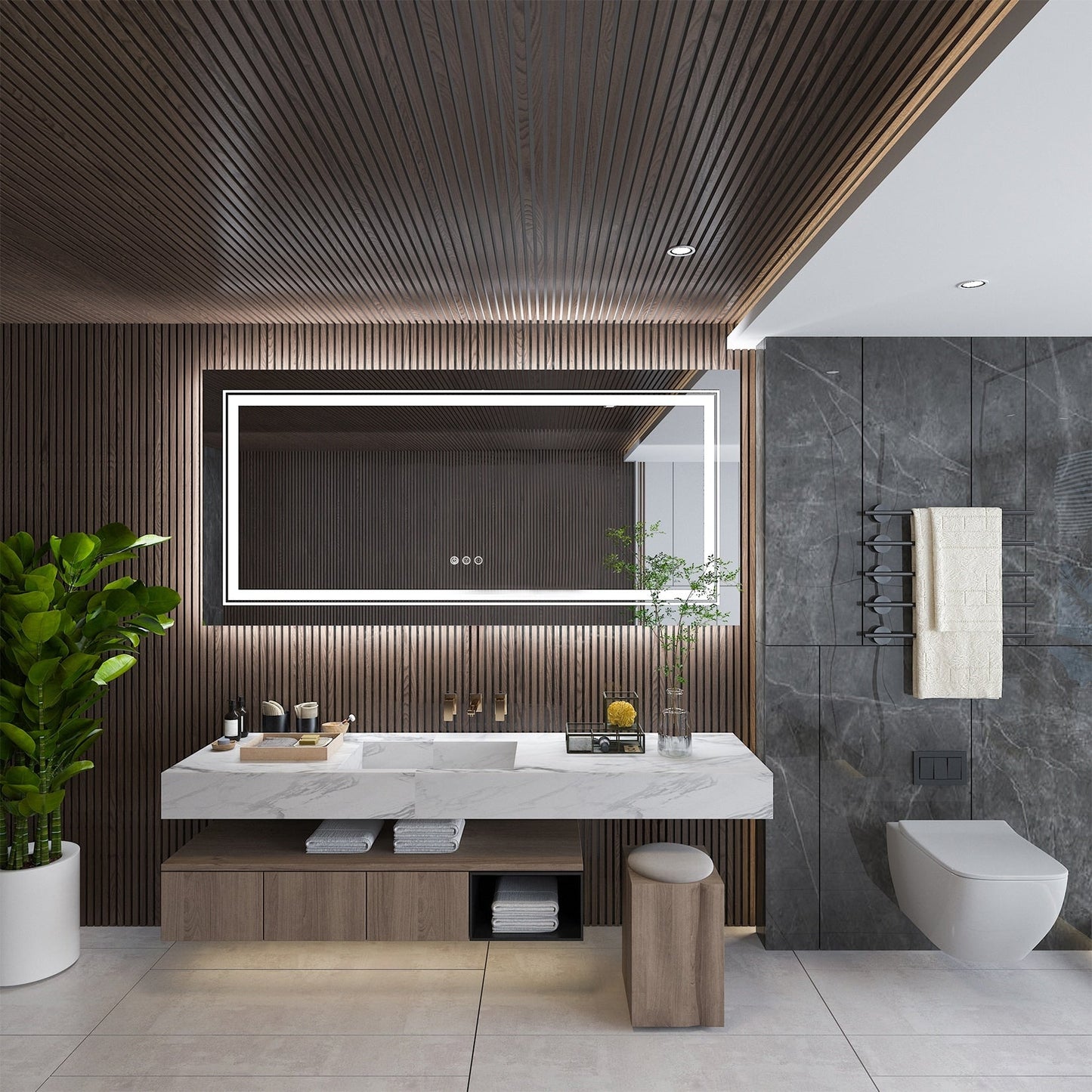 Grand miroir de salle de bain à éclairage LED, anti-buée, avec support mural, 3 couleurs