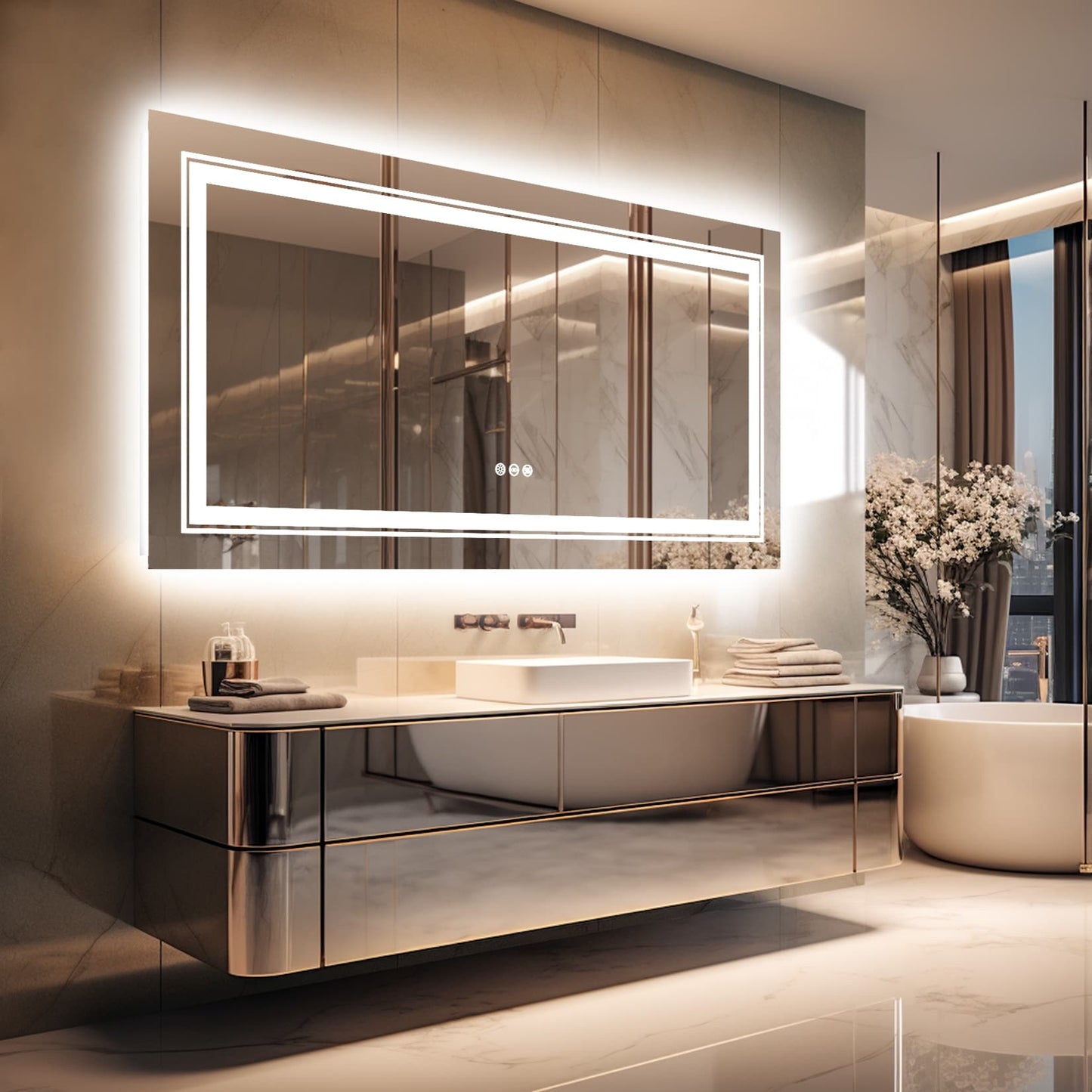 Grand miroir de salle de bain à éclairage LED, anti-buée, avec support mural, 3 couleurs