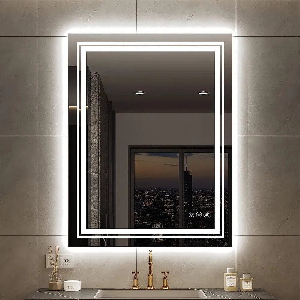 Grand miroir de salle de bain à éclairage LED, anti-buée, avec support mural, 3 couleurs