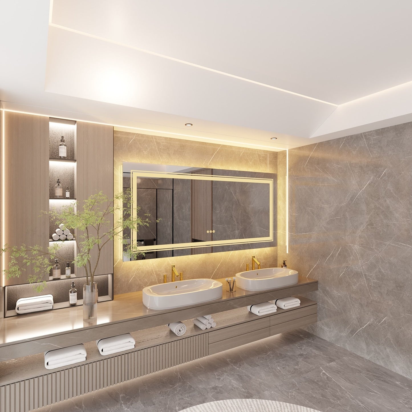 Grand miroir de salle de bain à éclairage LED, anti-buée, avec support mural, 3 couleurs