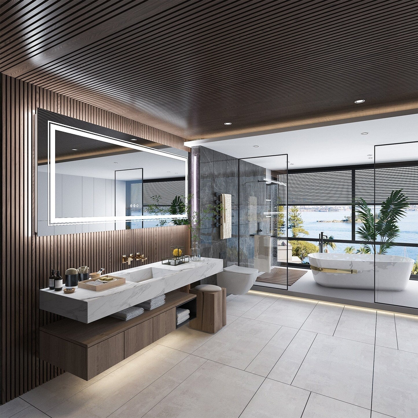 Grand miroir de salle de bain à éclairage LED, anti-buée, avec support mural, 3 couleurs