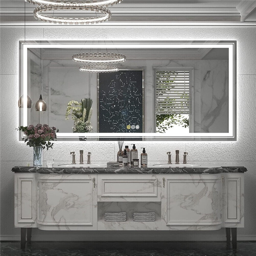 Grand miroir de salle de bain à éclairage LED, anti-buée, avec support mural, 3 couleurs