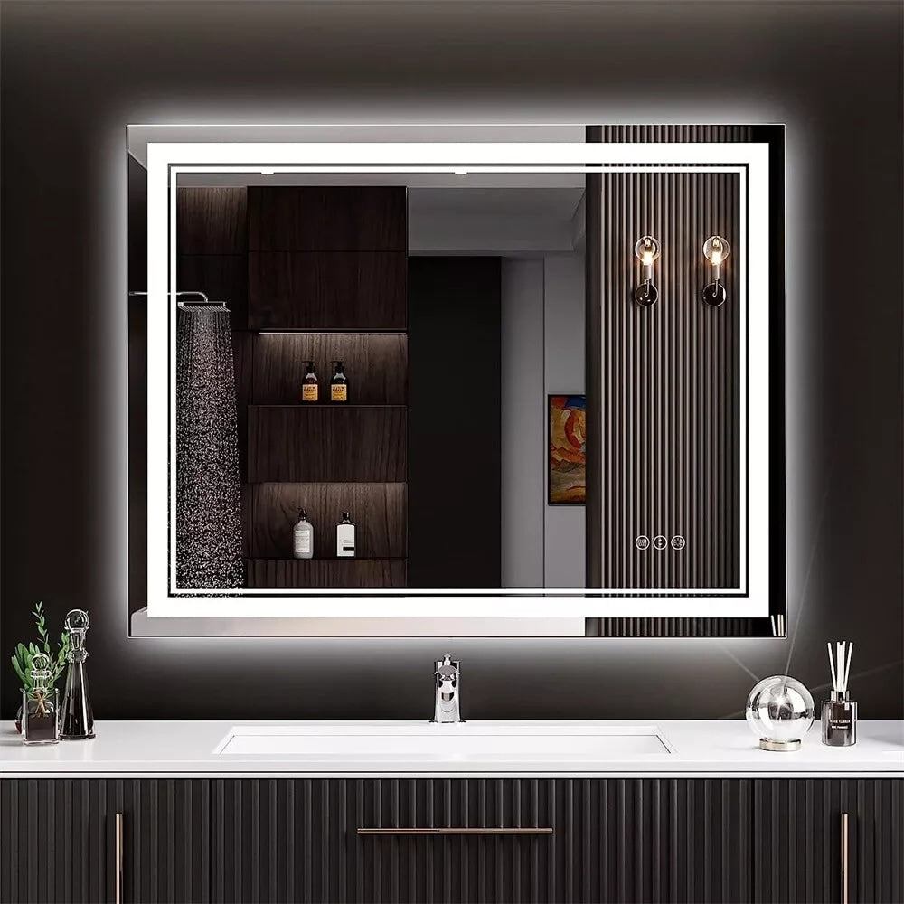 Grand miroir de salle de bain à éclairage LED, anti-buée, avec support mural, 3 couleurs