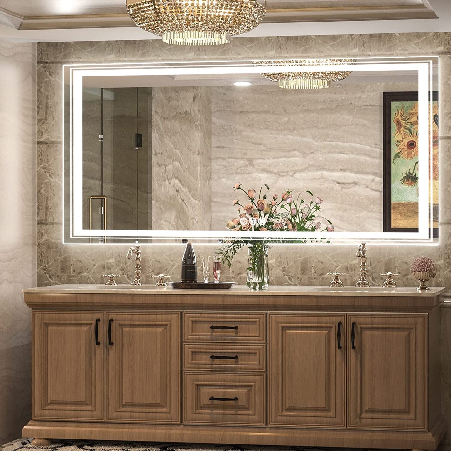 Grand miroir de salle de bain à éclairage LED, anti-buée, avec support mural, 3 couleurs