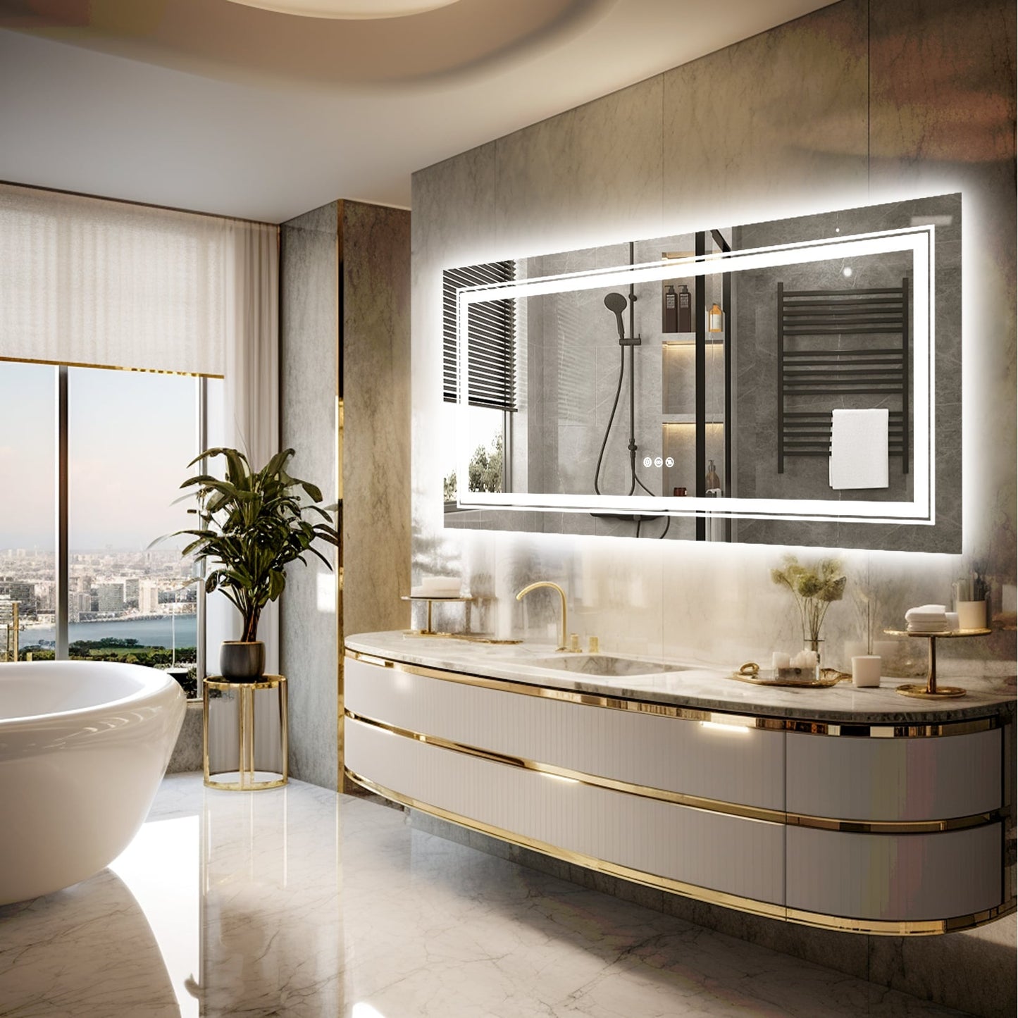 Grand miroir de salle de bain à éclairage LED, anti-buée, avec support mural, 3 couleurs
