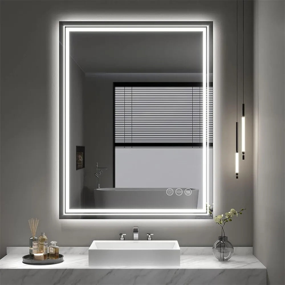 Grand miroir de salle de bain à éclairage LED, anti-buée, avec support mural, 3 couleurs