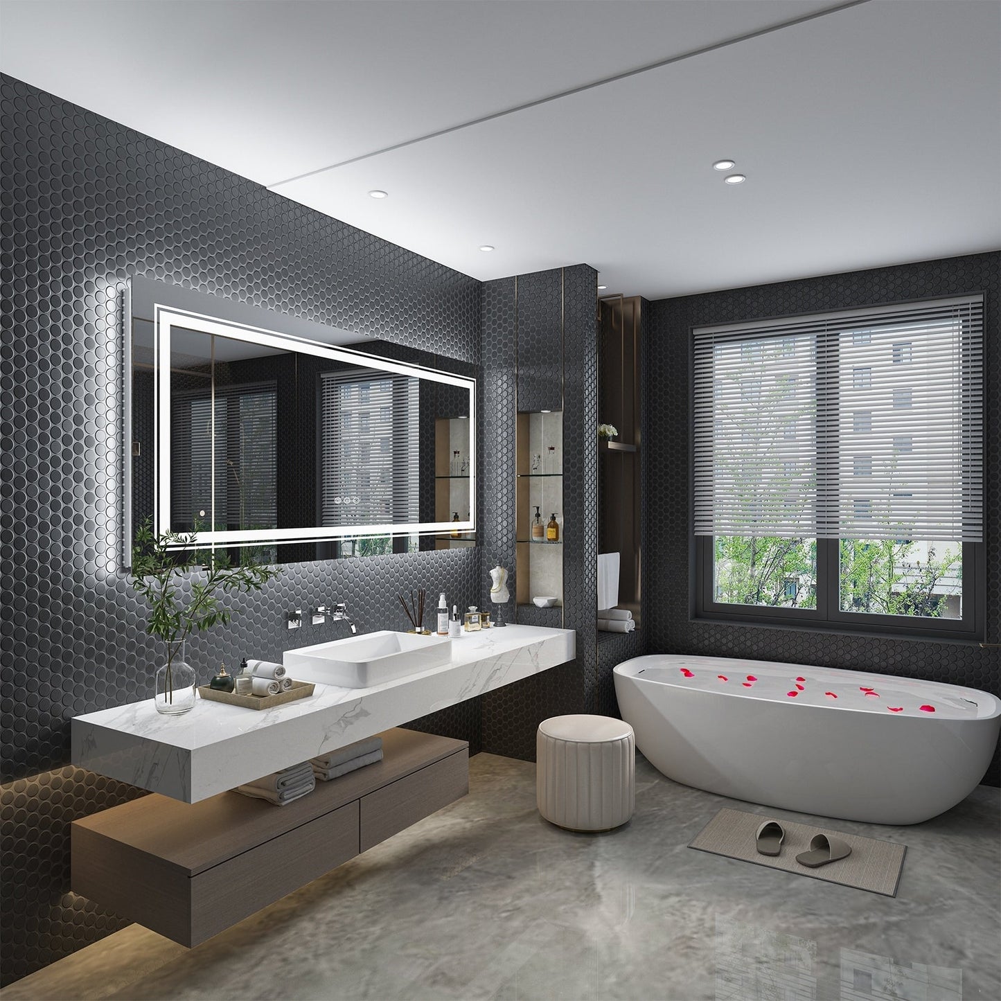 Grand miroir de salle de bain à éclairage LED, anti-buée, avec support mural, 3 couleurs