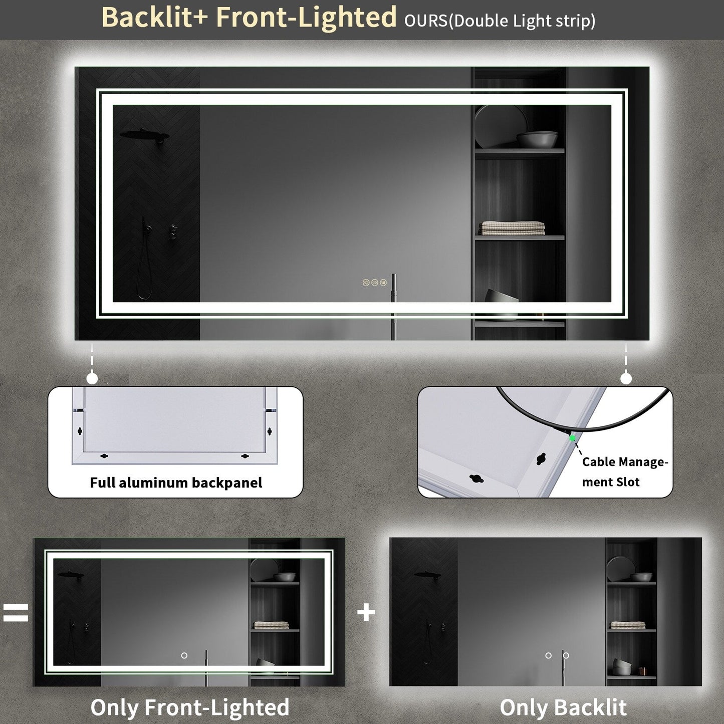 Grand miroir de salle de bain à éclairage LED, anti-buée, avec support mural, 3 couleurs