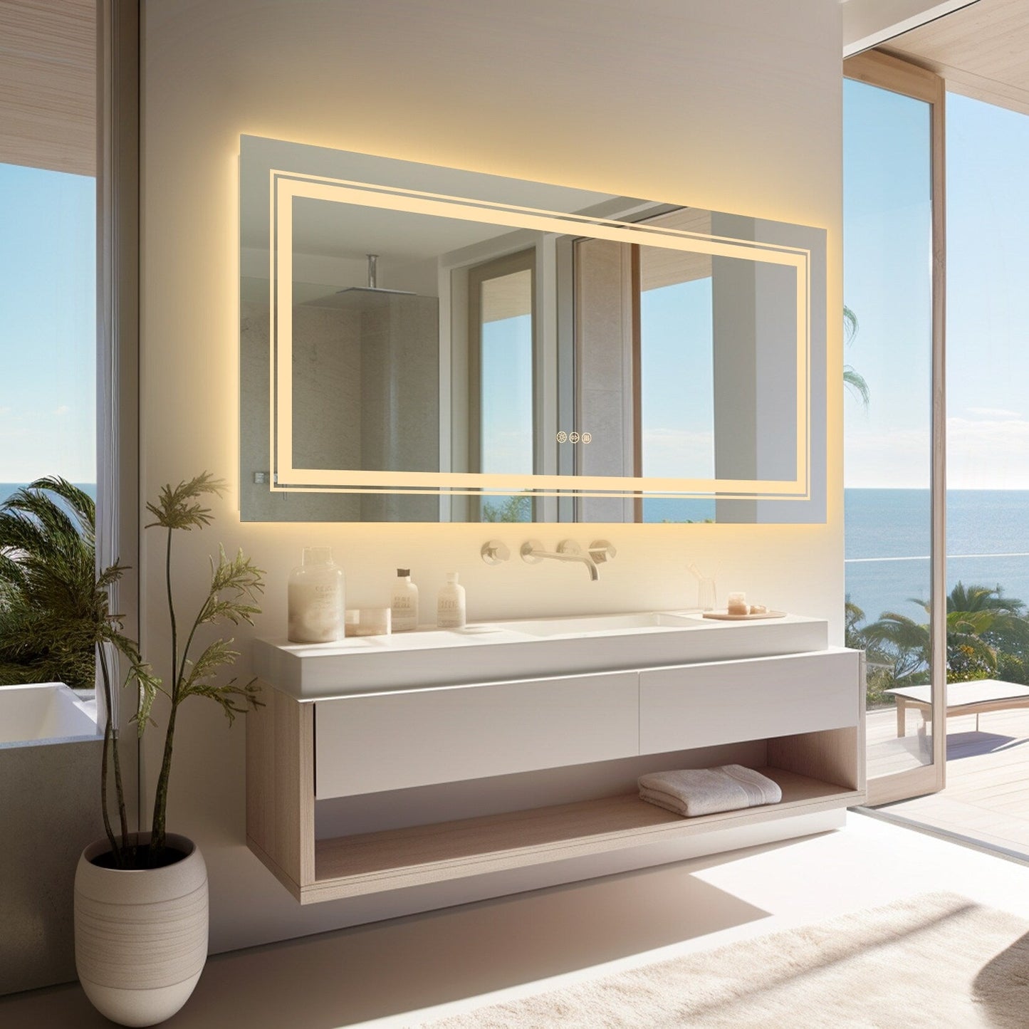Grand miroir de salle de bain à éclairage LED, anti-buée, avec support mural, 3 couleurs