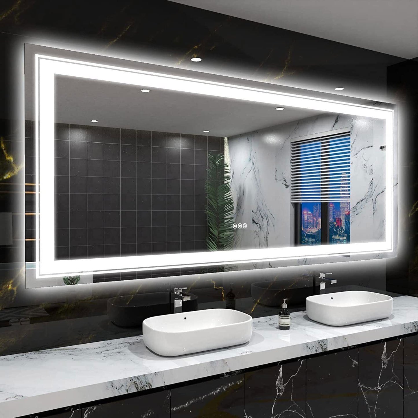 Grand miroir de salle de bain à éclairage LED, anti-buée, avec support mural, 3 couleurs