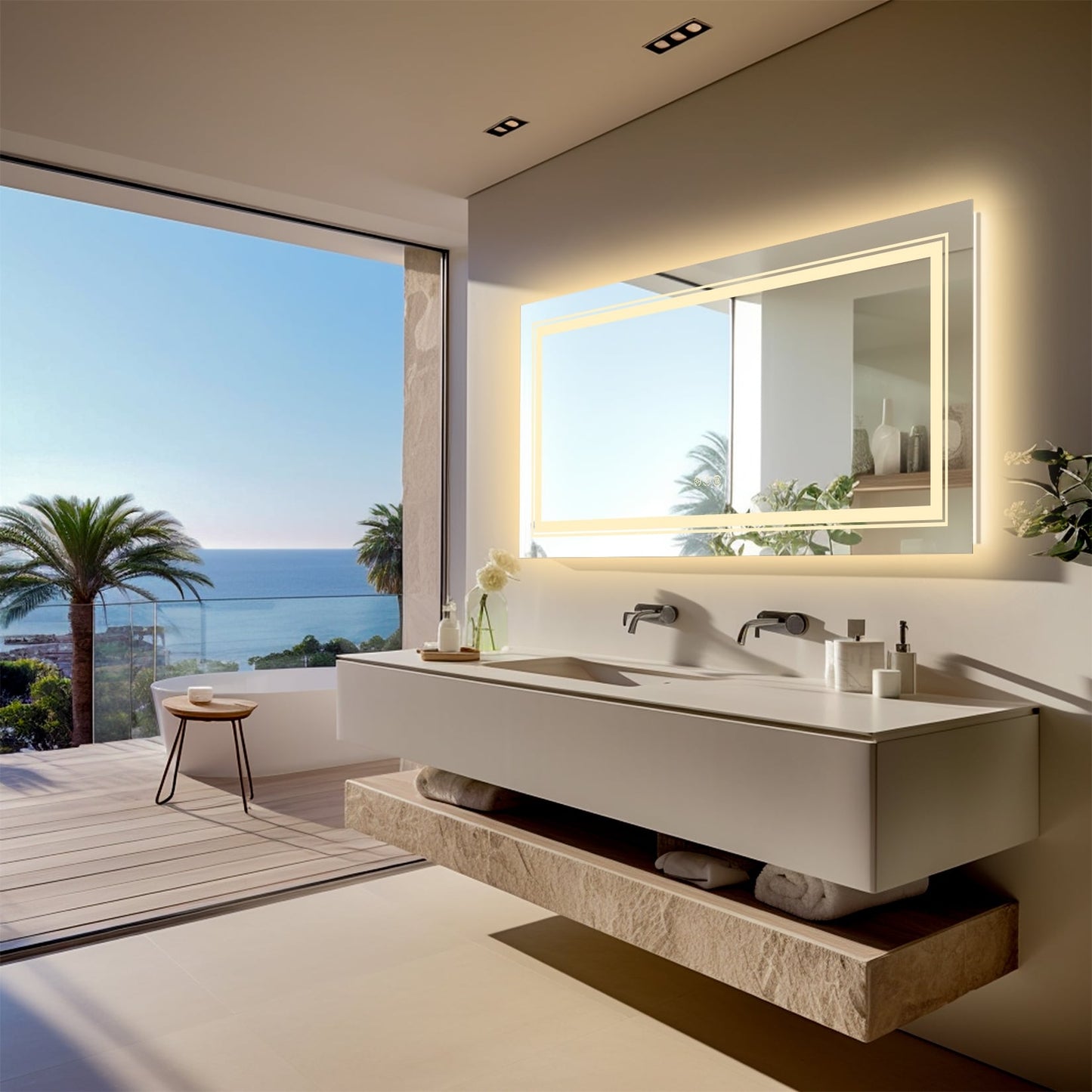Grand miroir de salle de bain à éclairage LED, anti-buée, avec support mural, 3 couleurs