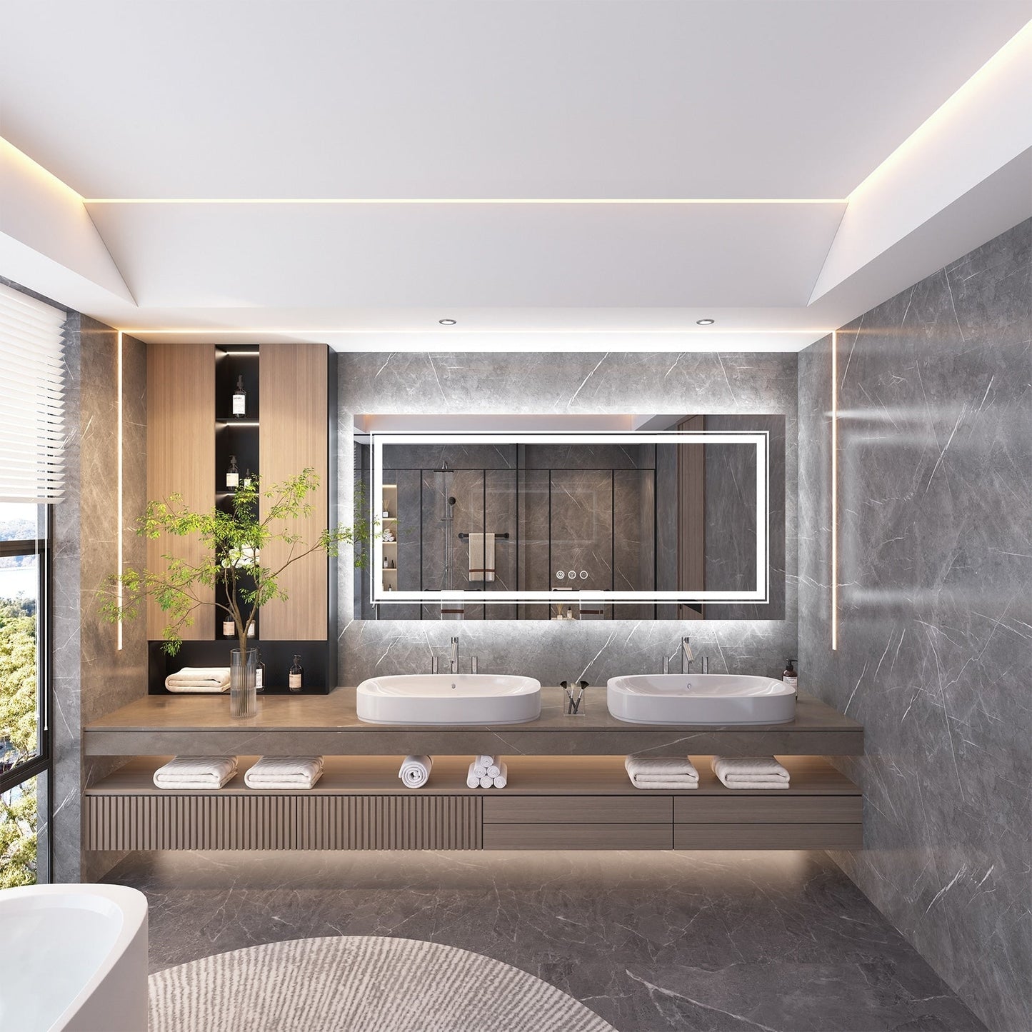 Grand miroir de salle de bain à éclairage LED, anti-buée, avec support mural, 3 couleurs