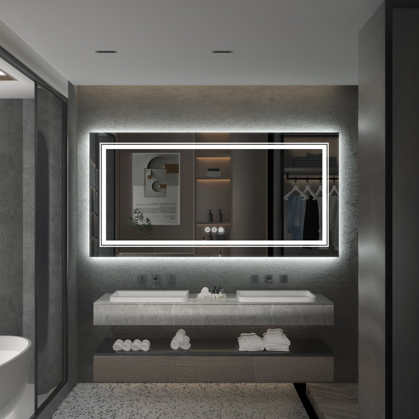 Grand miroir de salle de bain à éclairage LED, anti-buée, avec support mural, 3 couleurs