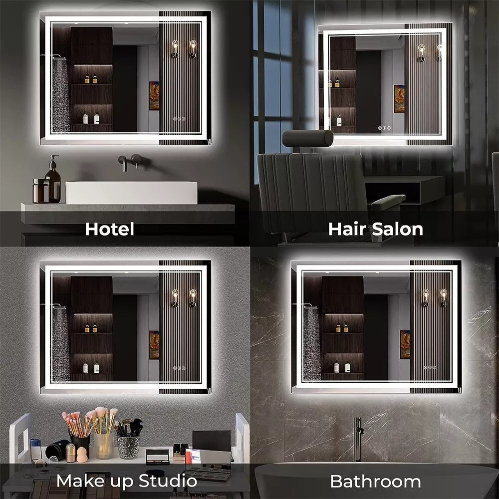 Grand miroir de salle de bain à éclairage LED, anti-buée, avec support mural, 3 couleurs