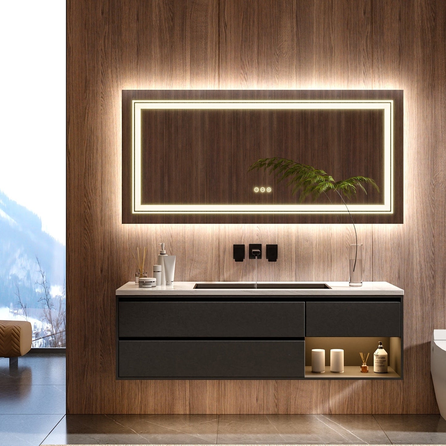 Grand miroir de salle de bain à éclairage LED, anti-buée, avec support mural, 3 couleurs