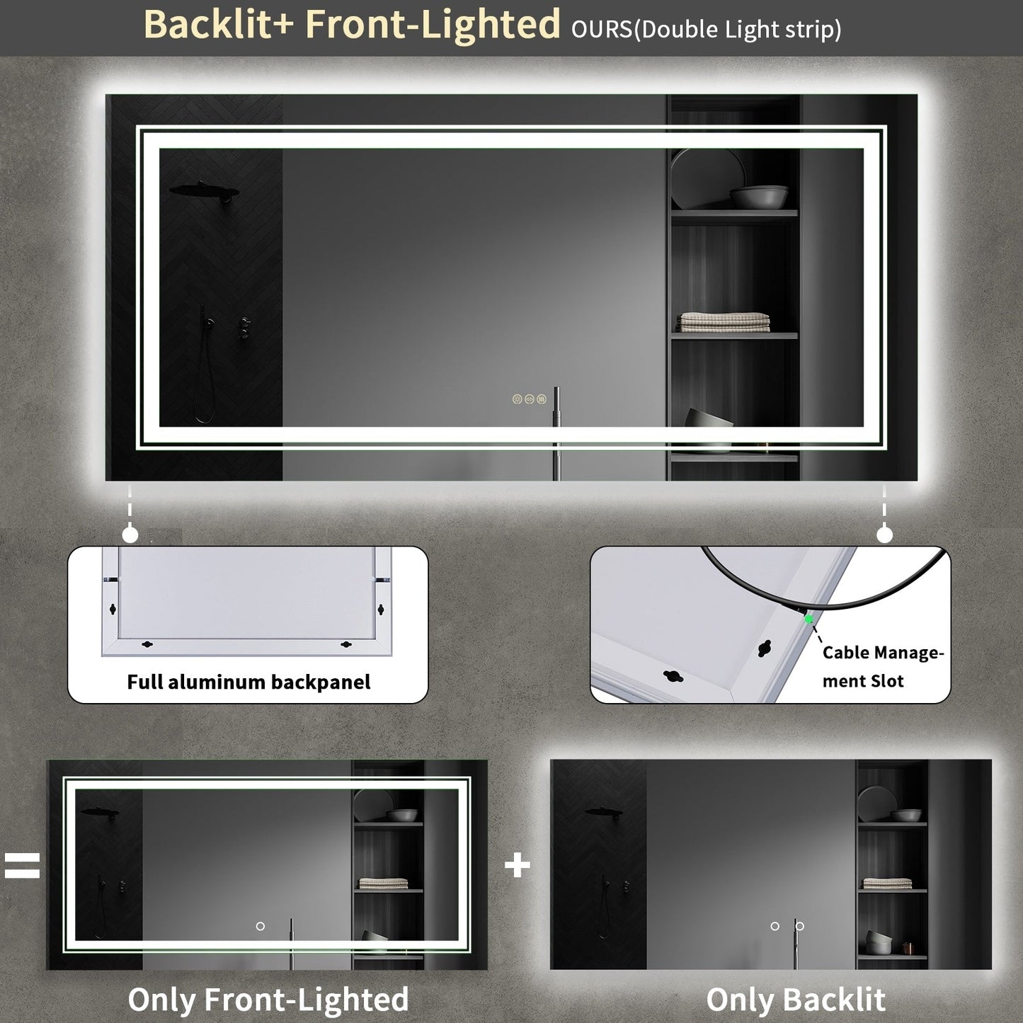 Grand miroir de salle de bain à éclairage LED, anti-buée, avec support mural, 3 couleurs