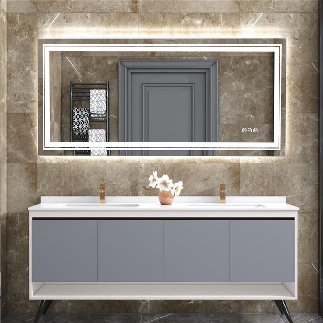 Grand miroir de salle de bain à éclairage LED, anti-buée, avec support mural, 3 couleurs