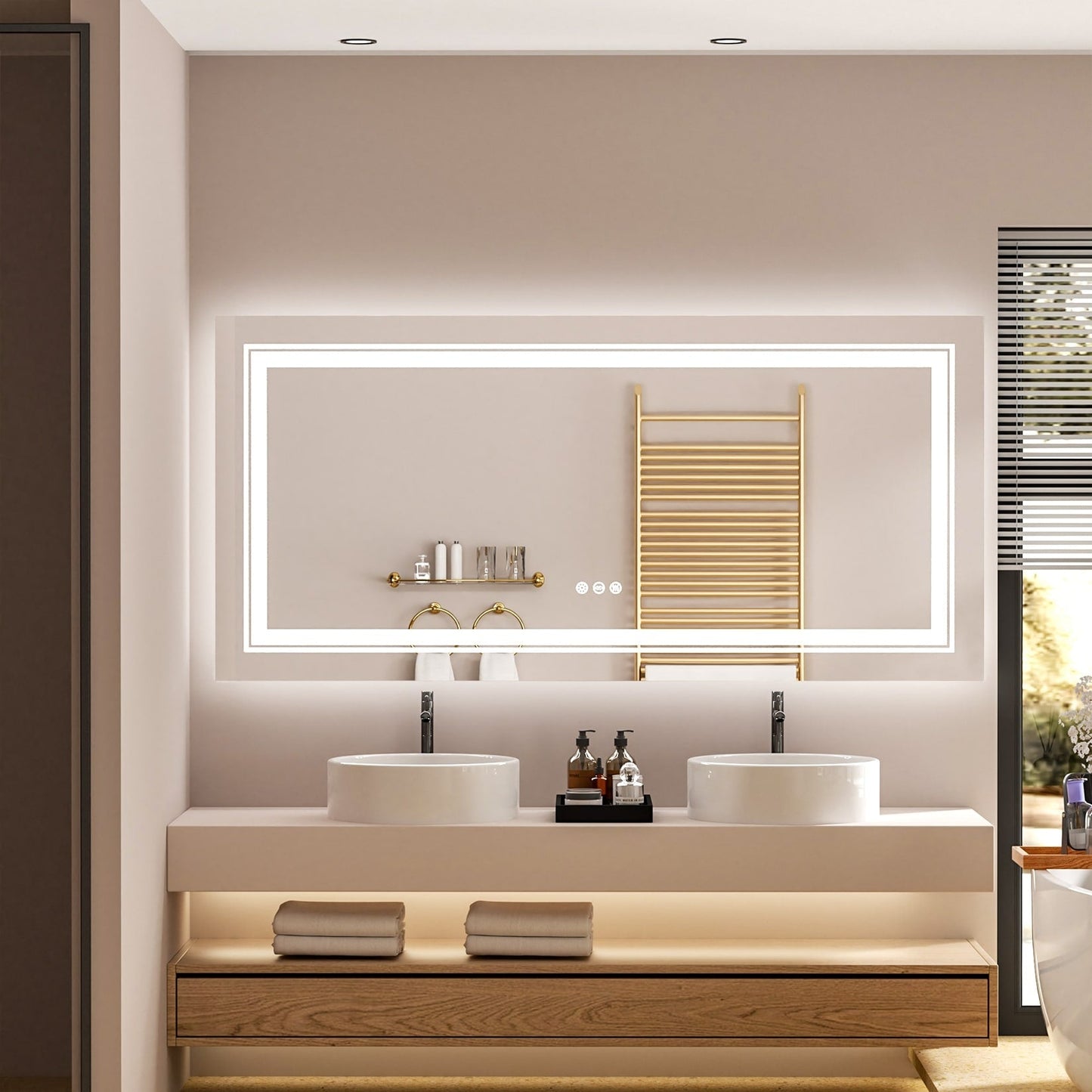 Grand miroir de salle de bain à éclairage LED, anti-buée, avec support mural, 3 couleurs