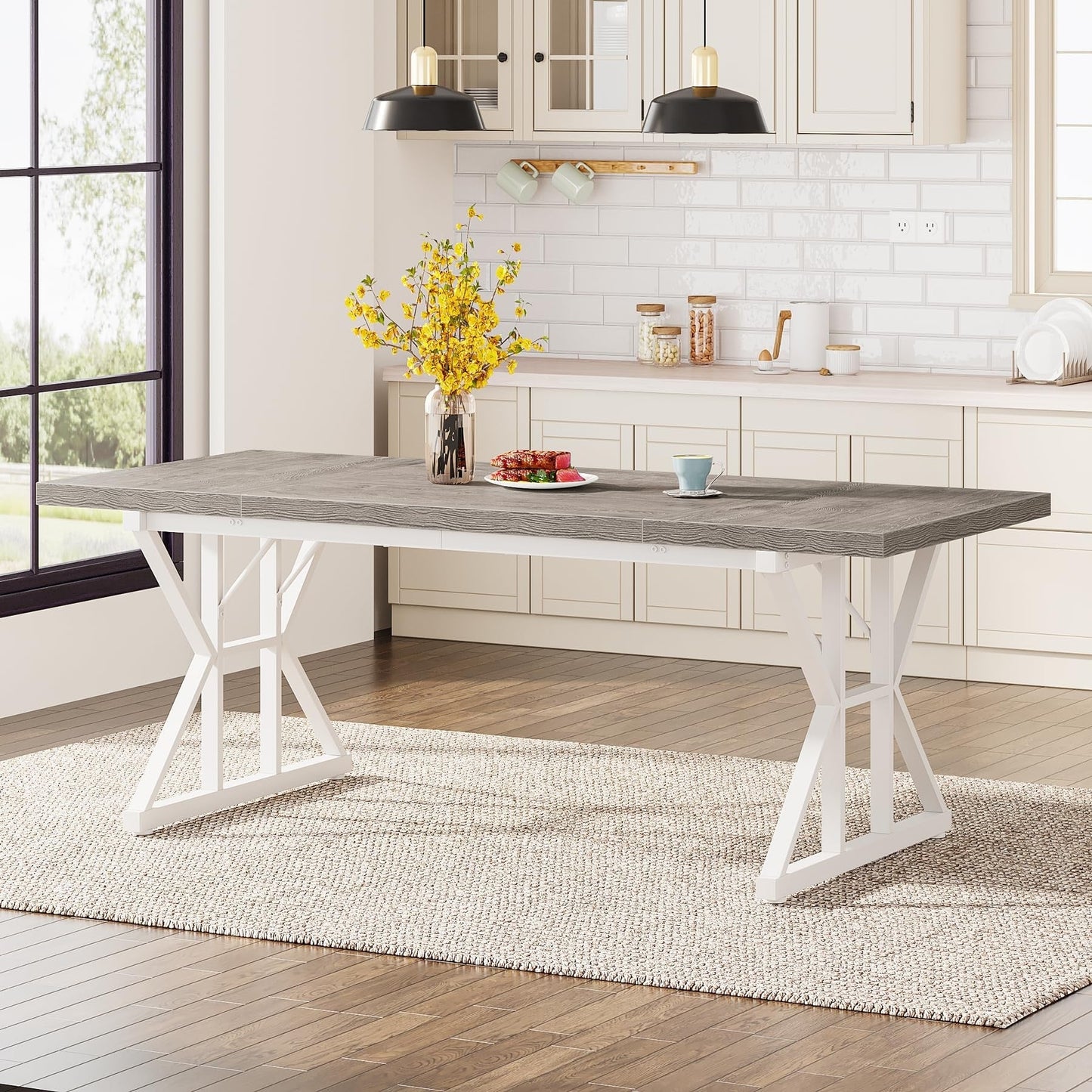 Table de salle à manger de style farmhouse pour 6 personnes, table de cuisine rectangulaire en bois de 70,8 pouces