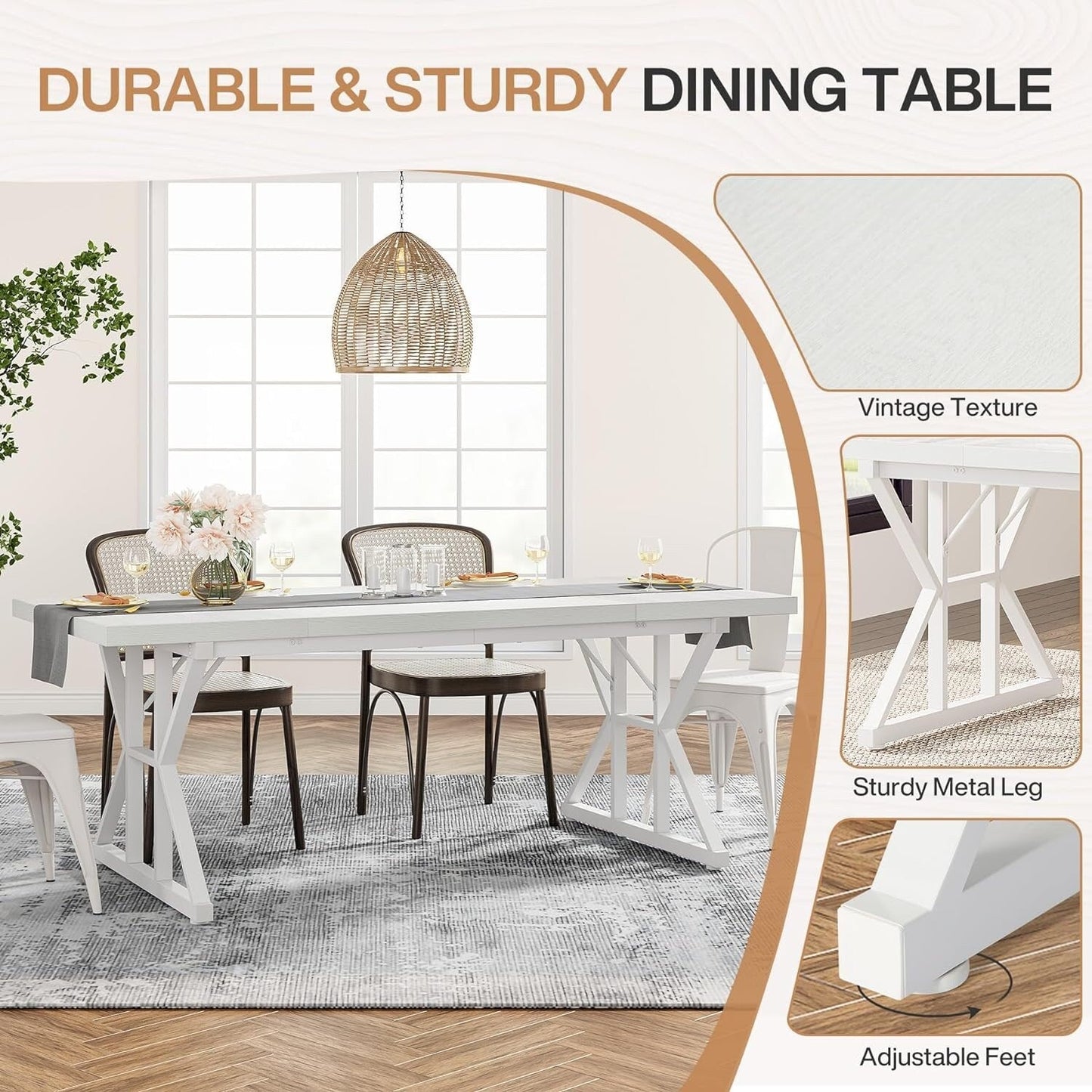 Table de salle à manger de style farmhouse pour 6 personnes, table de cuisine rectangulaire en bois de 70,8 pouces