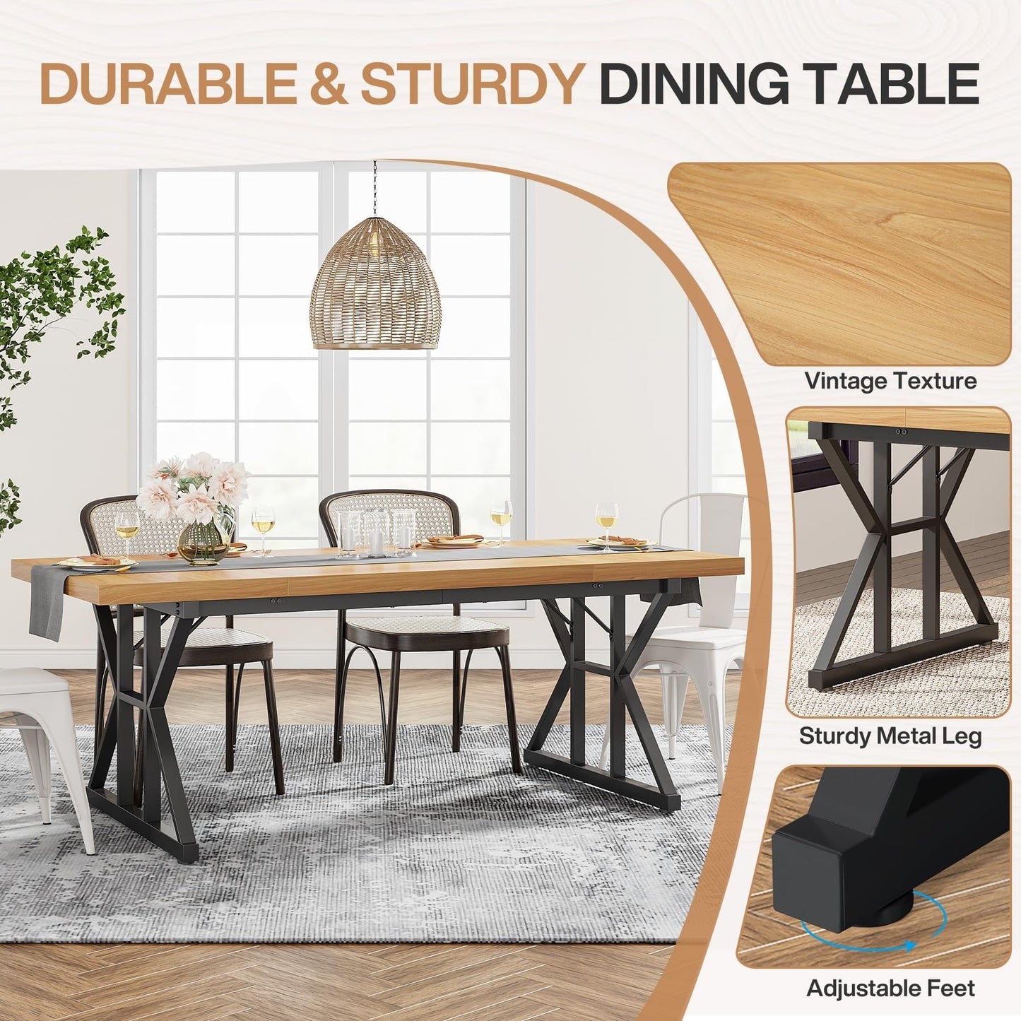 Table de salle à manger de style farmhouse pour 6 personnes, table de cuisine rectangulaire en bois de 70,8 pouces