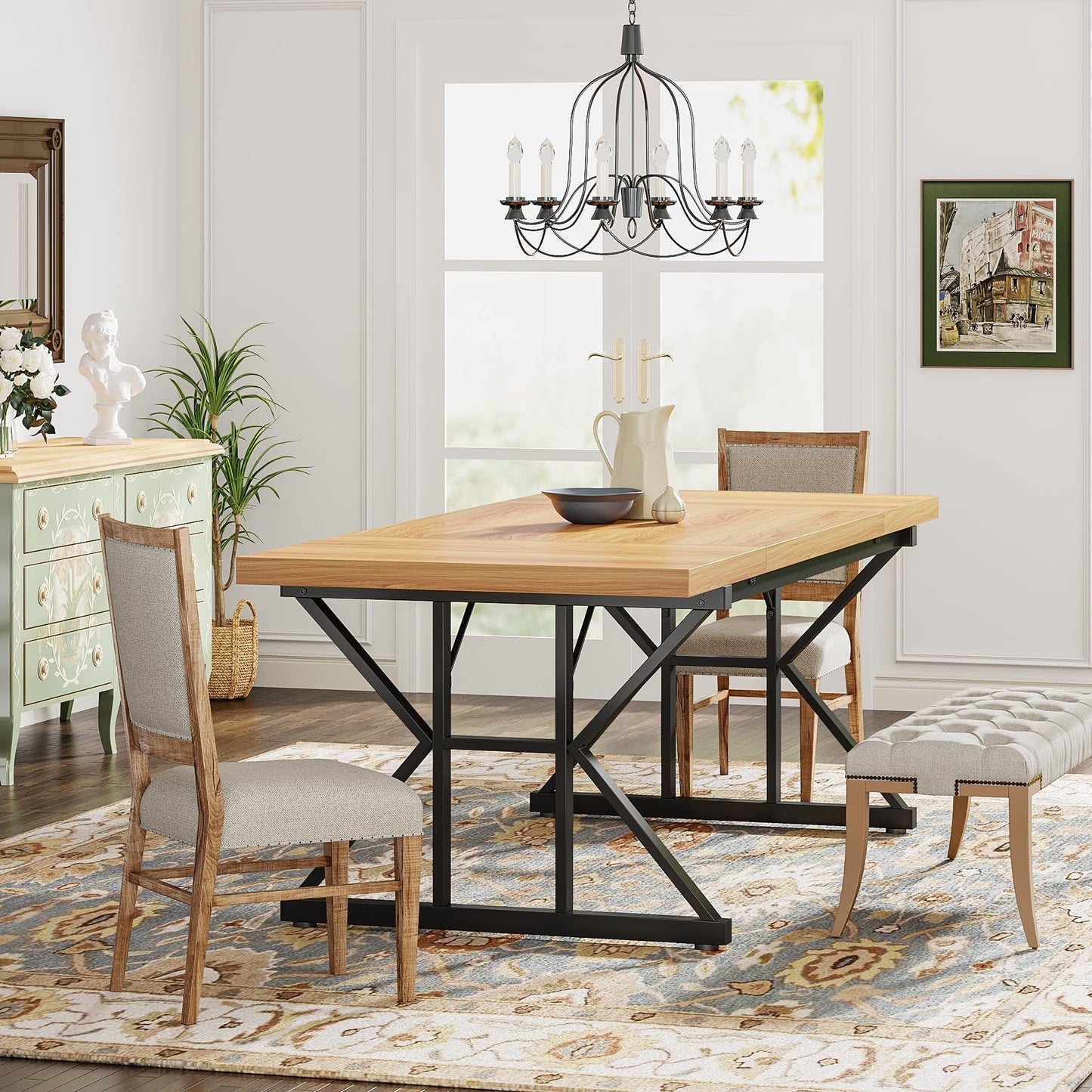 Table de salle à manger de style farmhouse pour 6 personnes, table de cuisine rectangulaire en bois de 70,8 pouces