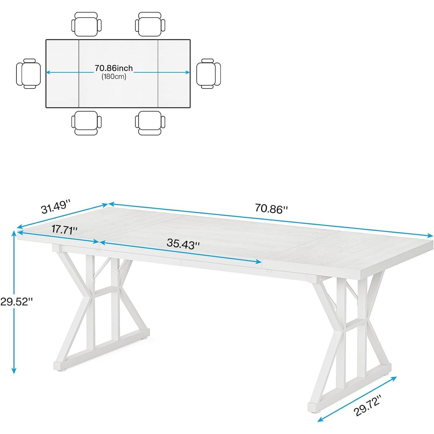 Table de salle à manger de style farmhouse pour 6 personnes, table de cuisine rectangulaire en bois de 70,8 pouces