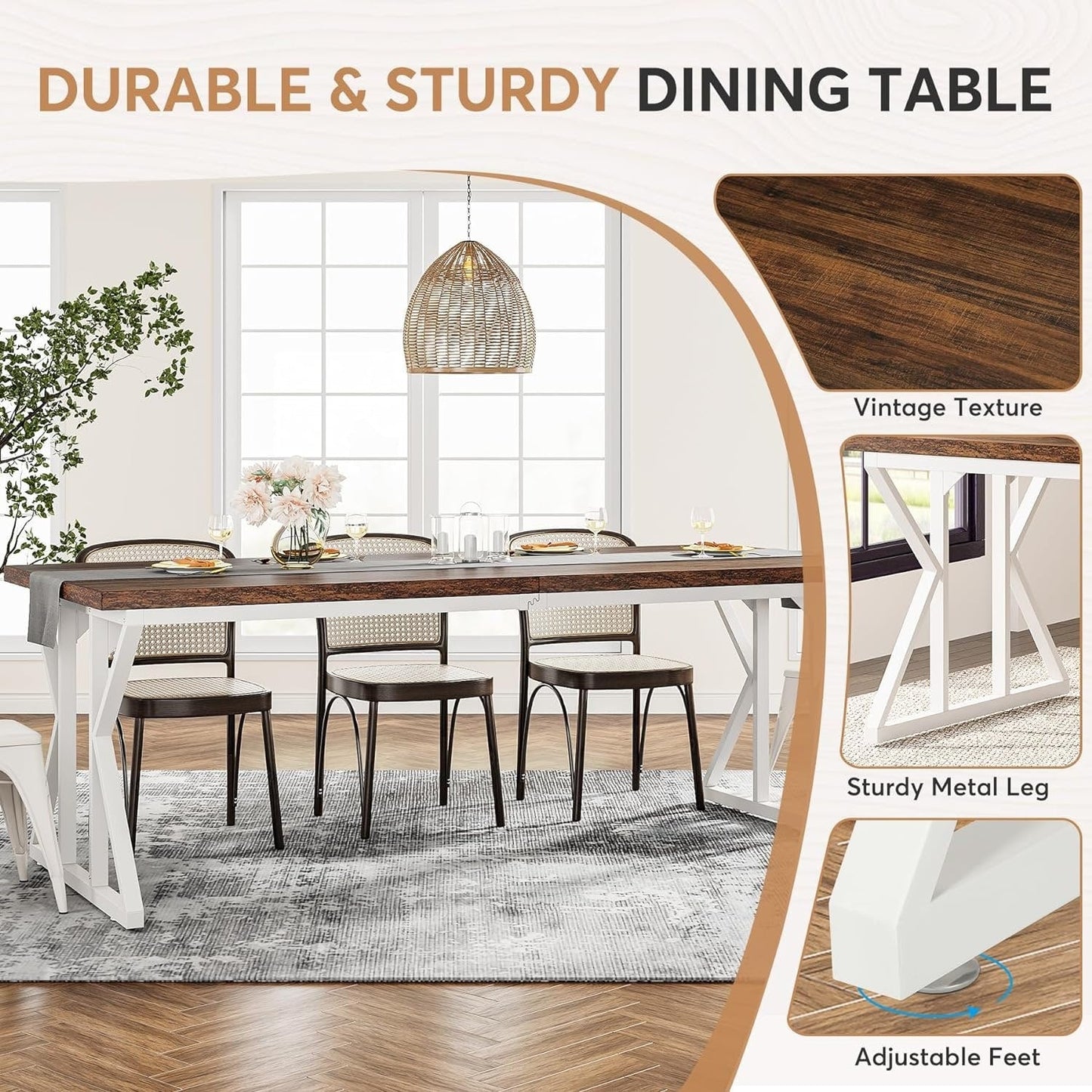 Table de salle à manger de style farmhouse pour 6 personnes, table de cuisine rectangulaire en bois de 70,8 pouces