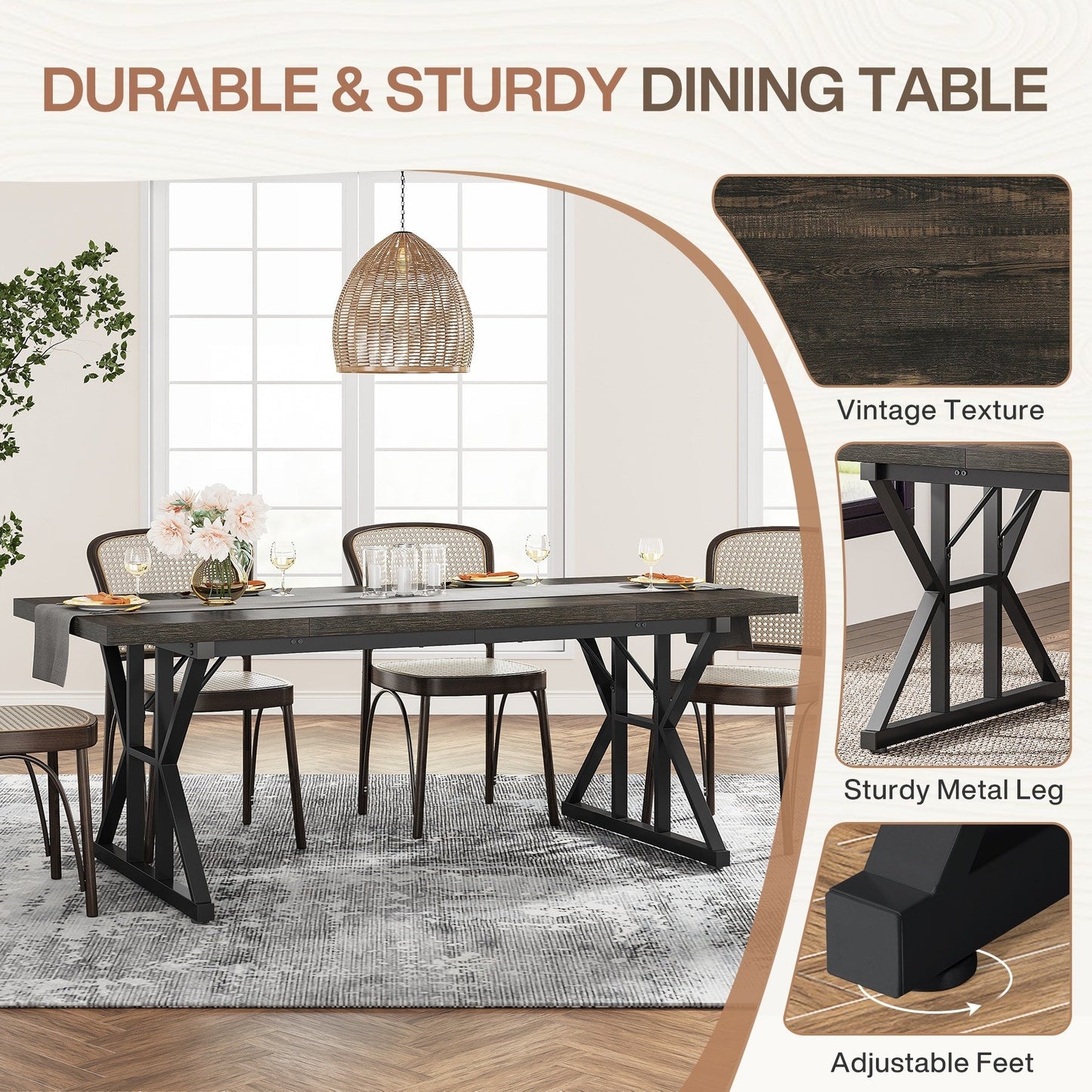 Table de salle à manger de style farmhouse pour 6 personnes, table de cuisine rectangulaire en bois de 70,8 pouces
