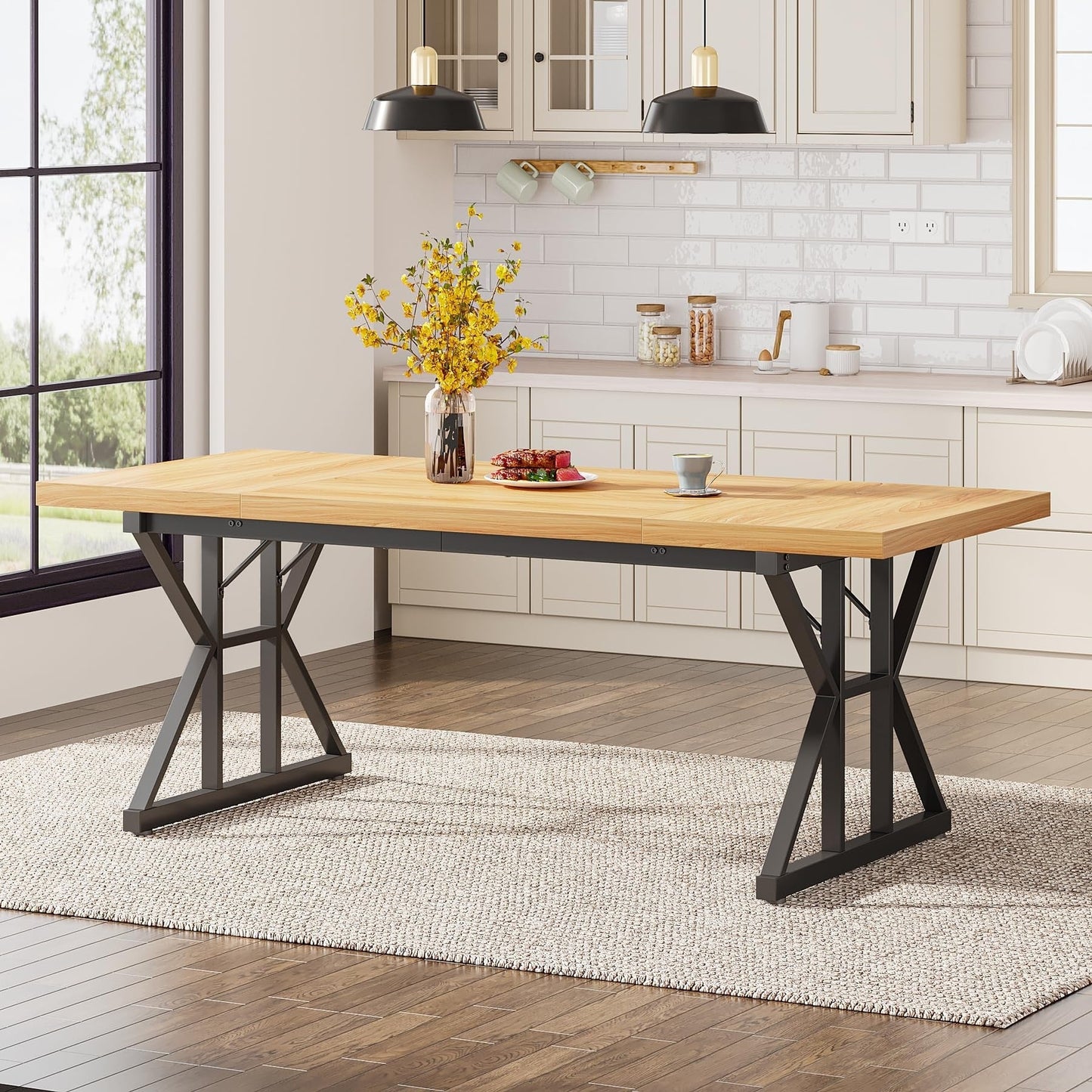 Table de salle à manger de style farmhouse pour 6 personnes, table de cuisine rectangulaire en bois de 70,8 pouces